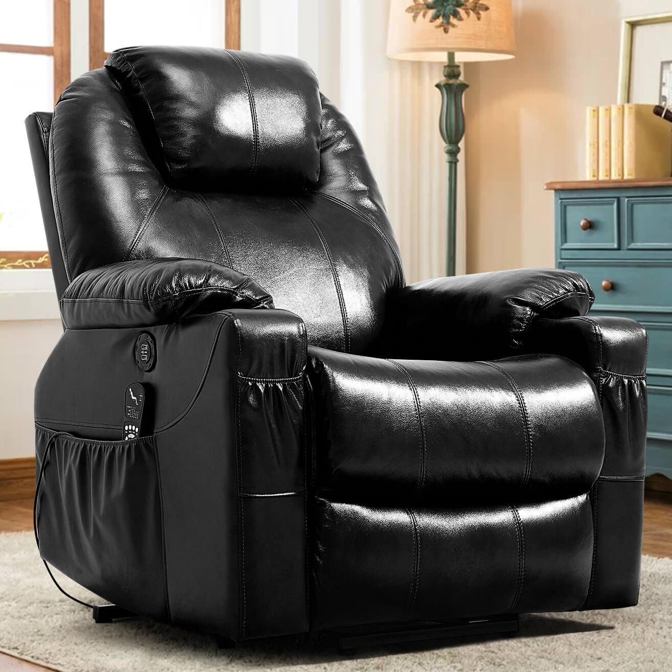 Fauteuil releveur électrique 3 positions avec repose-talon et massage, revêtement en cuir véritable