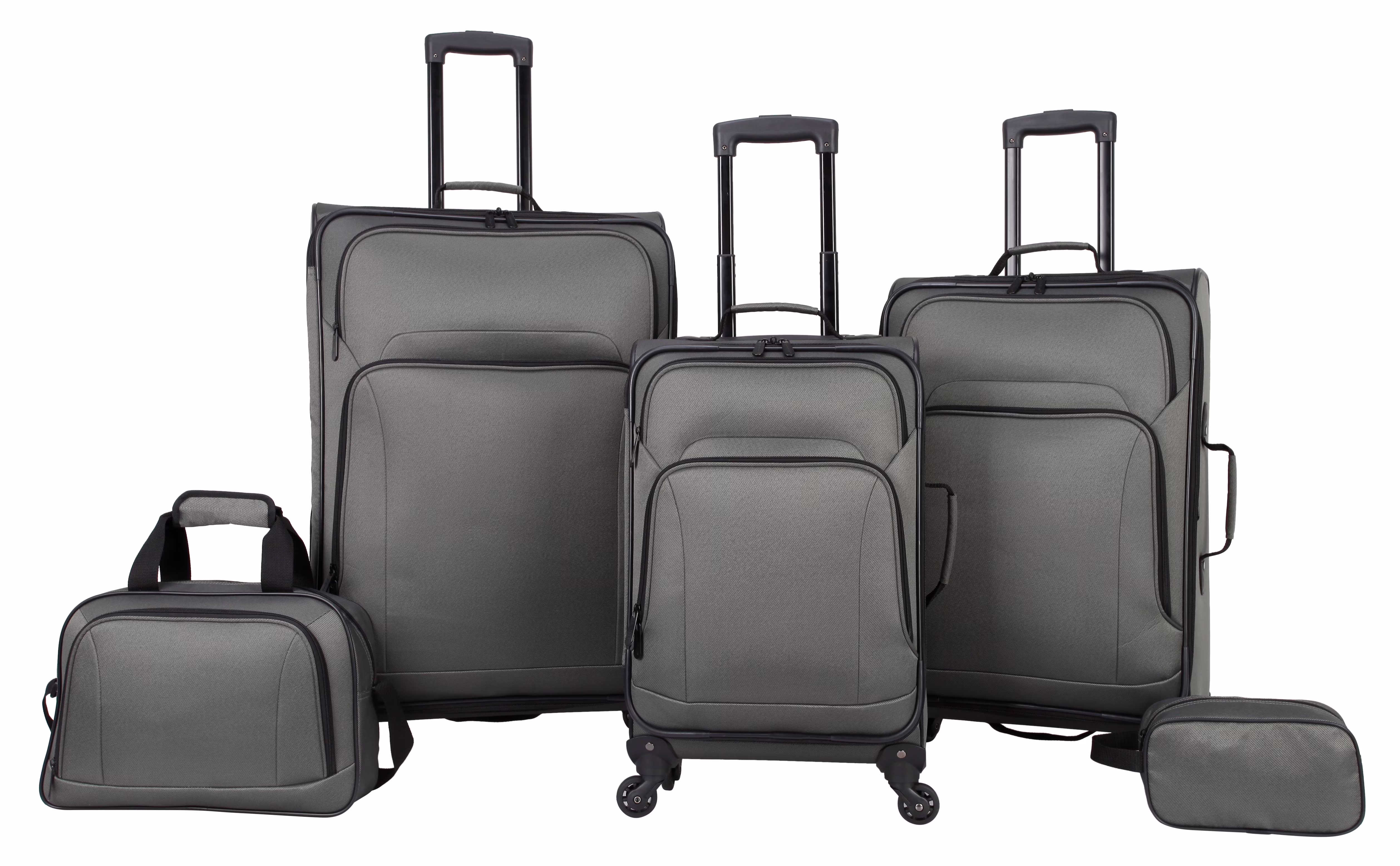 Protege 5 Piece Spinner Luggage Set, Includes 28 in Checked, 24 in Checked Bags, 20 in Carry - on, 15 in Boarding Tote and Matching Utility Bag, All Ages, Grey