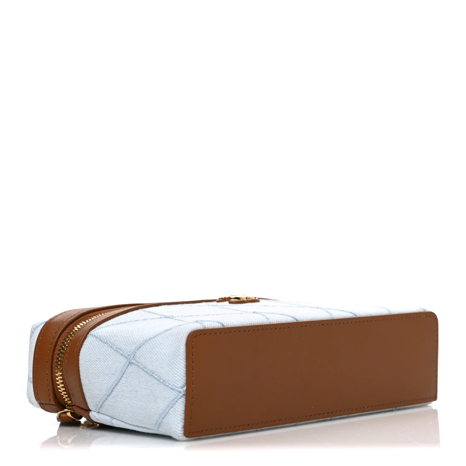 Washed Denim Calfskin Quilted Top Handle Slim Vanity Case With Chain Blue Brown