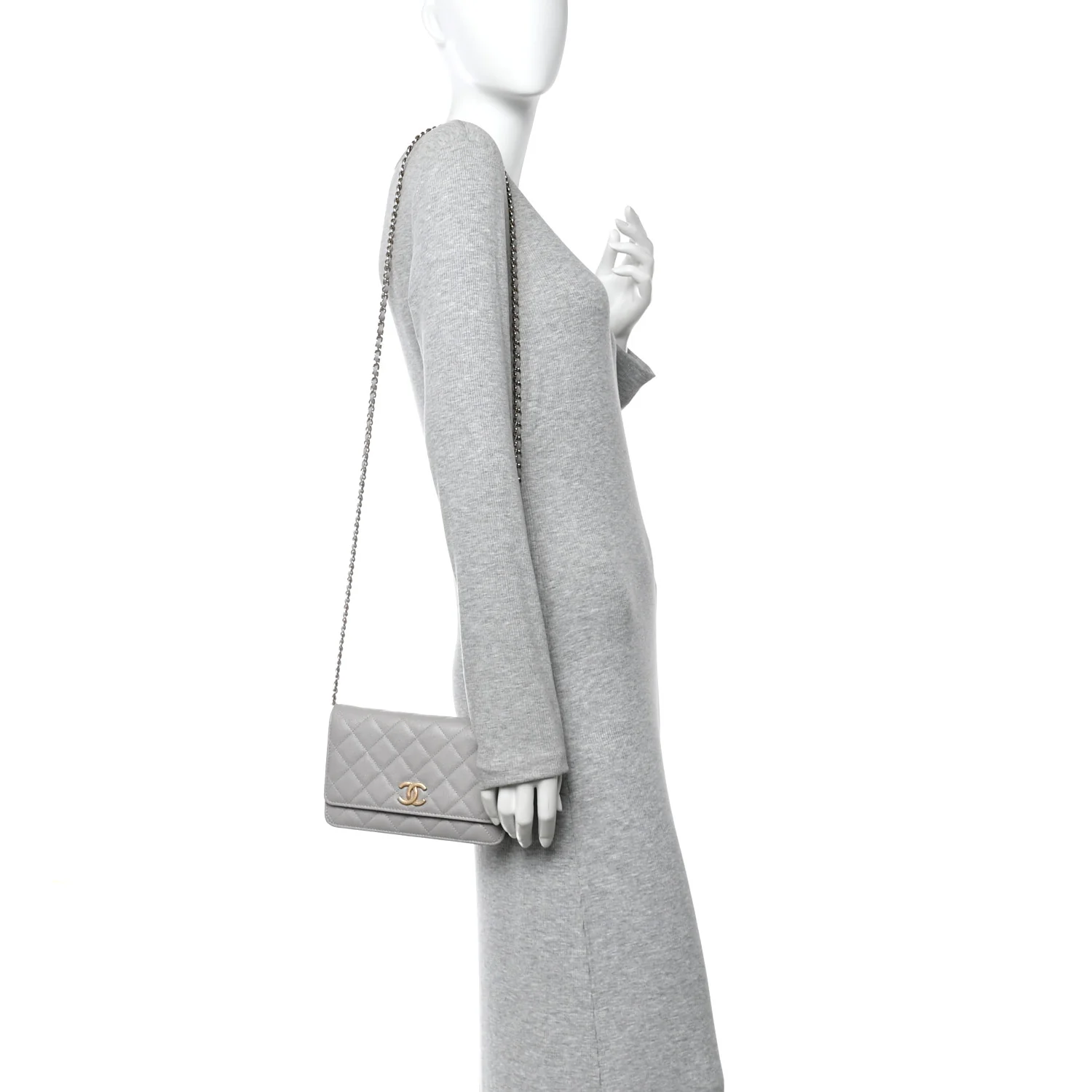 Caviar Quilted Studded CC Wallet On Chain WOC Grey