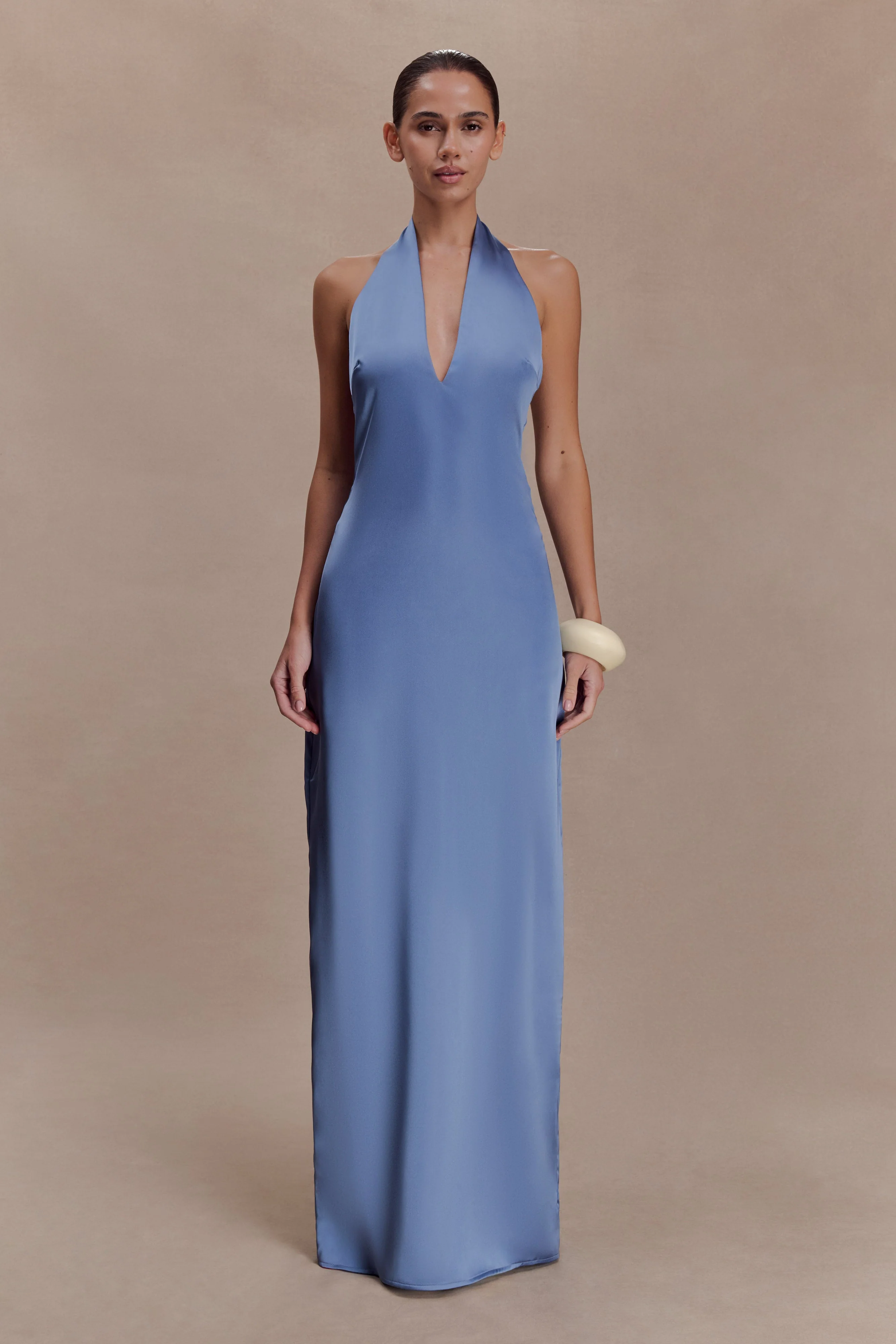 Jade Satin Halter Maxi Dress - Steel Blue