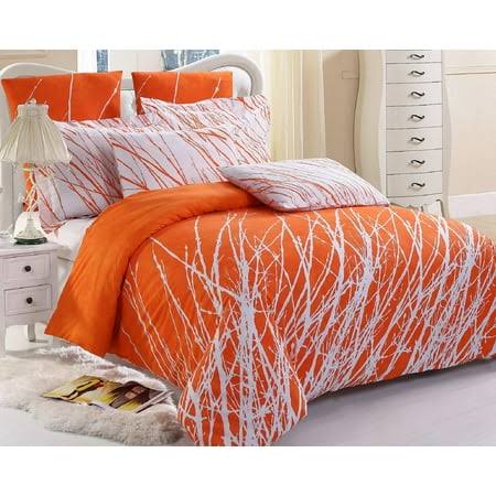 Swanson Beddings Tree Branches 3-Piece Cotton Bedding Set: Duvet Cover and Two Pillow Shams (Orange, Queen)