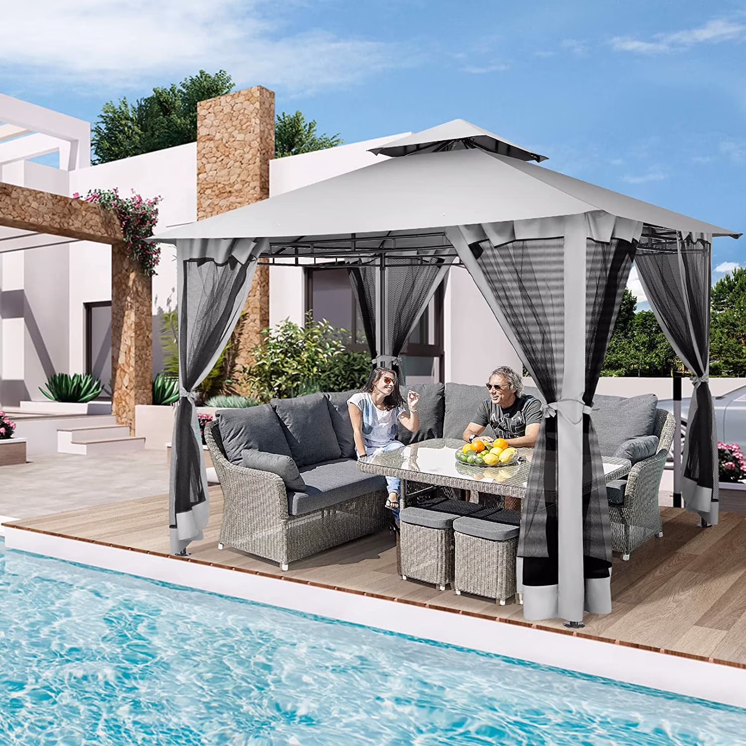 SANOPY 10'x10' Canopy Gazebo, Assembled Style Wrought Iron Gazebo Tent Can Accommodate 6-10 People with 4 Detachable Mosquito Net Side Walls for Garden, Yard, Beach