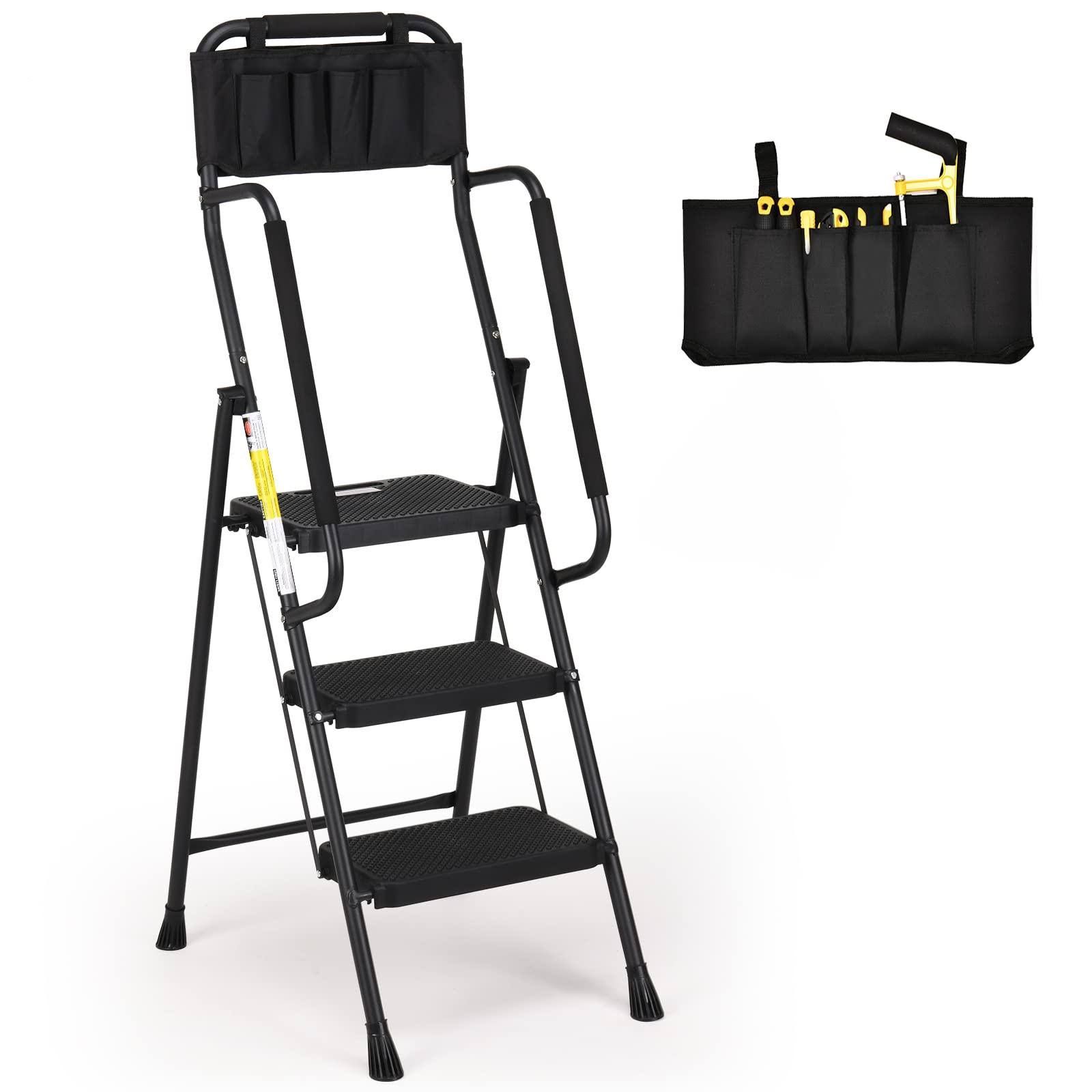 HBTower 3 Step Ladder with Handrails, Folding Step Stool with Attachable Tool Bag & Anti-Slip Wide Pedal for Home Kitchen Pantry