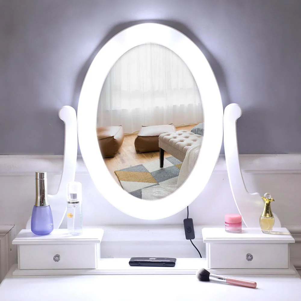 Vanity Table 10 LED Lights, 5 Drawers Makeup Dressing Desk with Cushioned Stool Set,Bedroom Vanities Set White - Image 8