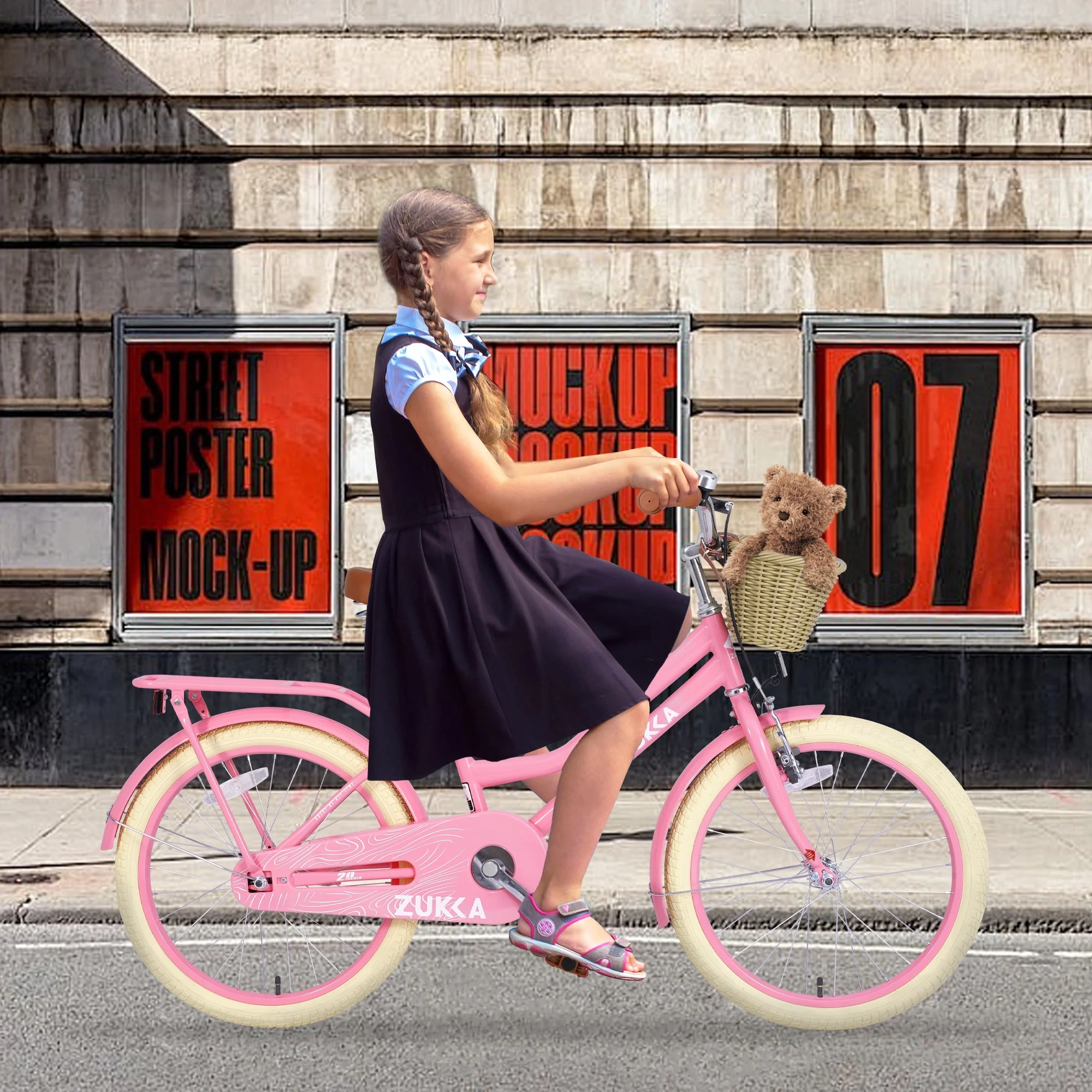 20" Kids Bike Girls Bike with Basket Single Speed Steel Frame Children Bicycle for 7 10 Years, Pink(Pink) Image 4