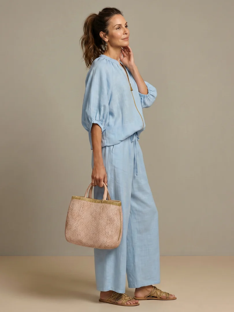 Ensemble blouse zippée et pantalon à jambes larges pour femme