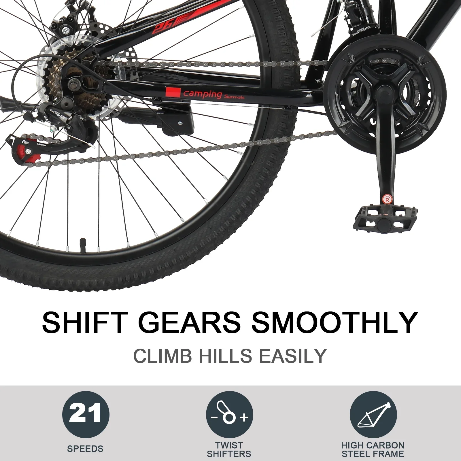 UBesGoo 26 inch Mountain Bike for Men Women, Shimano 21 Speeds High-Carbon Steel Frame, Disc Brakes, Black, Red