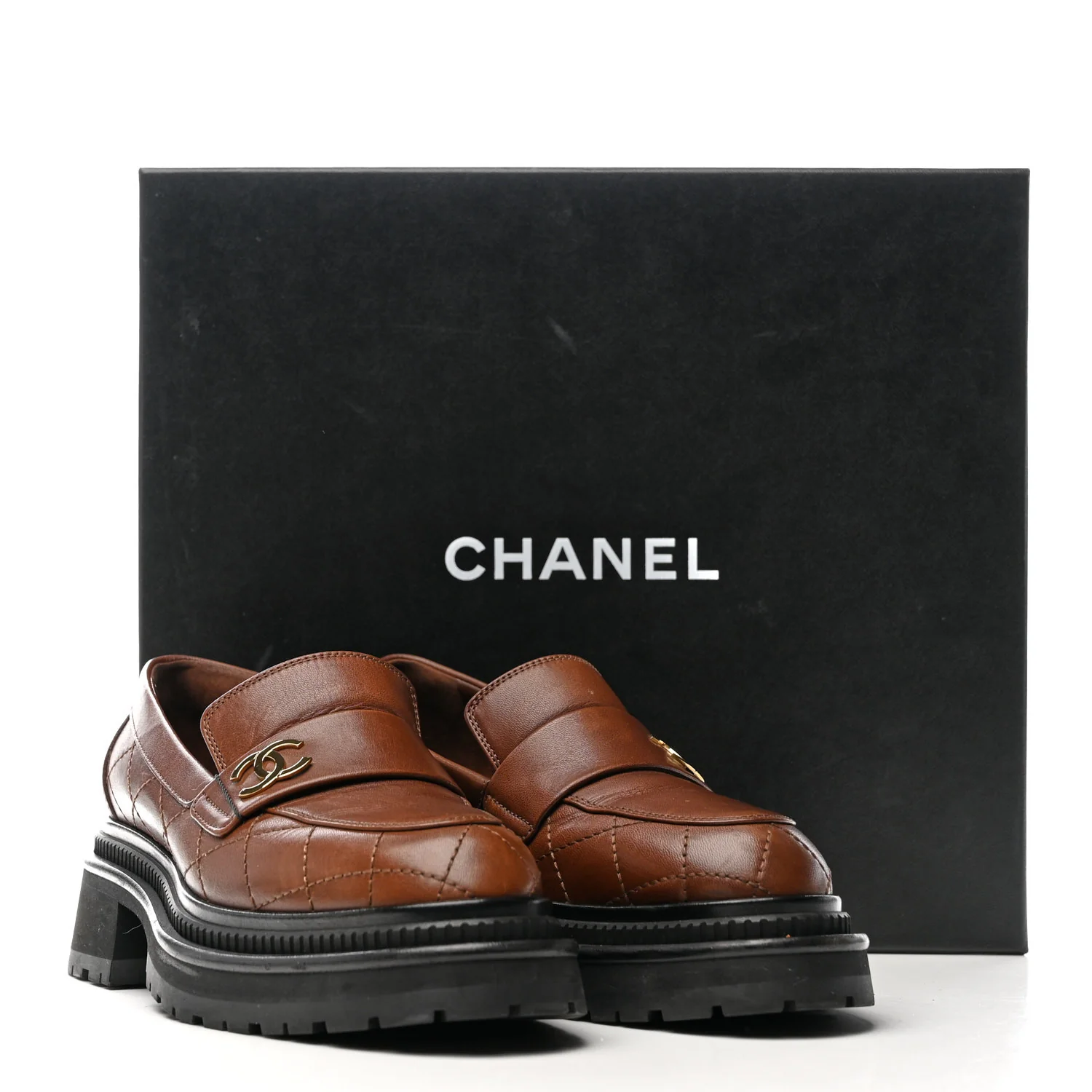 Calfskin Quilted CC Mocassin Loafers 36 Brown