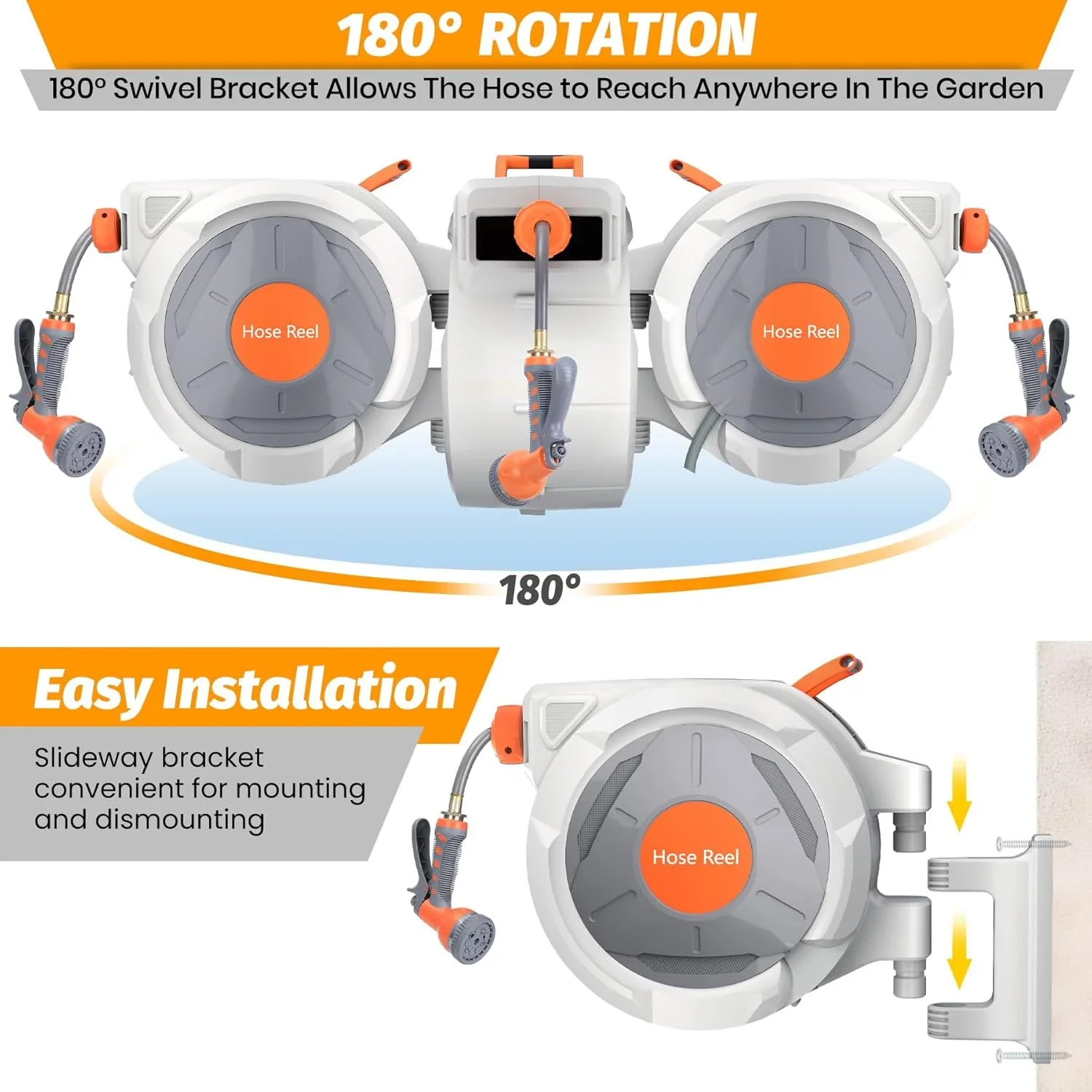 Auto-Retract Wall-Mounted Garden Hose Reel w/9-Pattern Nozzle, 180�� Swivel & Any-Length Lock, 600PSI Durable