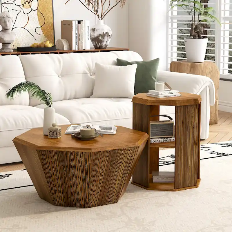 Set of 2 Octagonal Rubber Wood Coffee Tables - 31.5 Inches