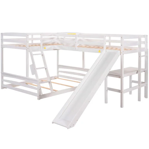 L Shaped Triple Bunk Bed for 5, Twin Over Full Bunk Bed and Twin Size Loft Bed with Built in Desk, and Slide,Full Length Guardrail, White Image 4