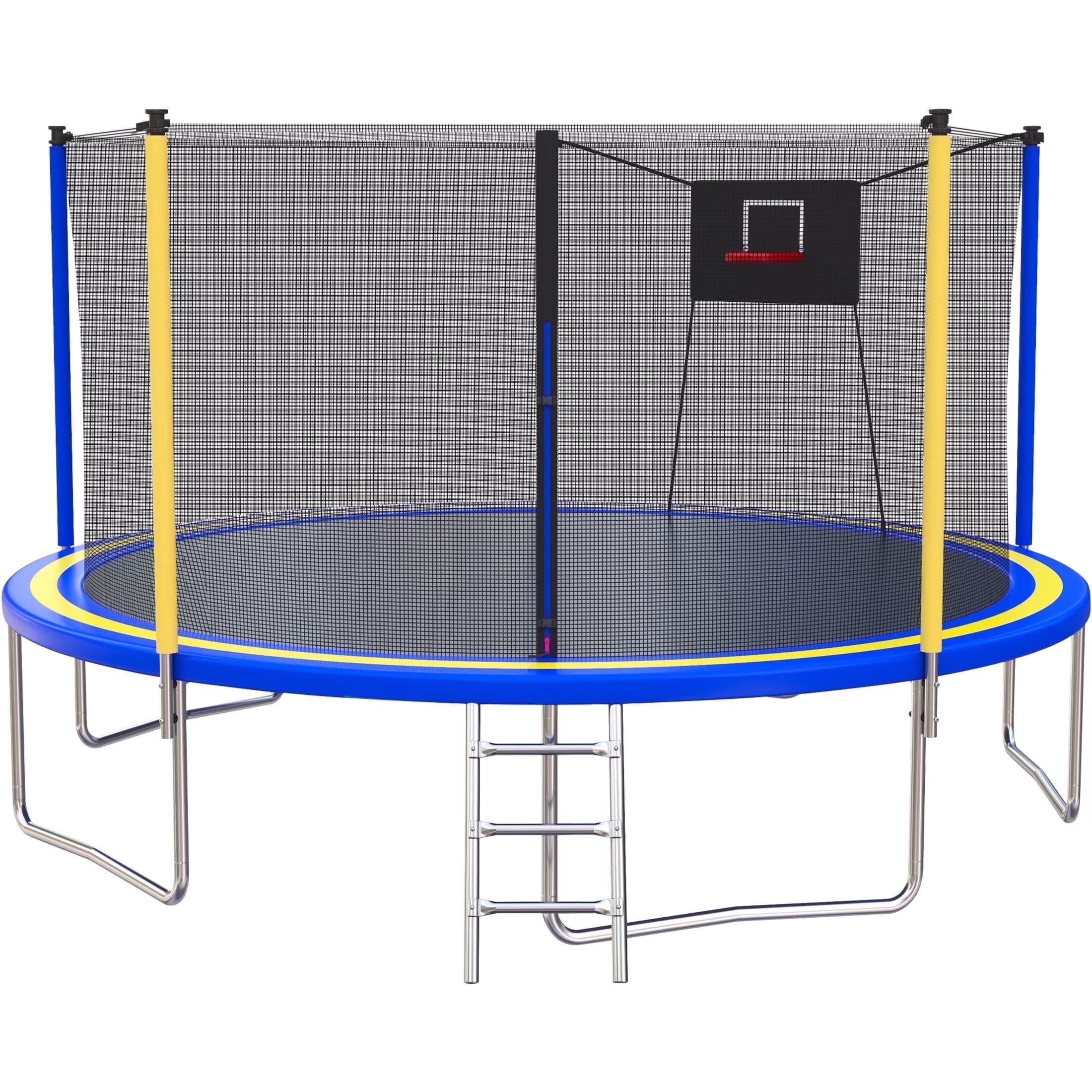14FT Trampoline with Enclosure for Kids and Adults, Upgraded Kids Recreational Outdoor Trampoline with Basketball Hoop, Ladder, Heavy Duty Round Backyard Trampoline for Indoor Outdoor(Navy Blue+Yellow)