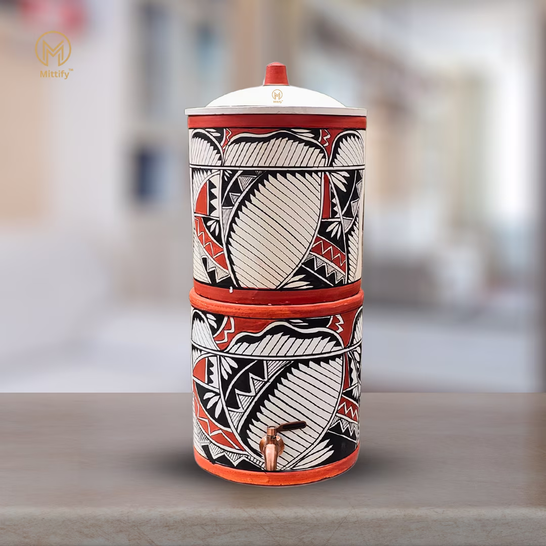 Handmade Clay Water Filter with Lid Metal Tap | Earthen Harp Design Water Filter | Eco-Friendly Clay Filter (676oz/20L)