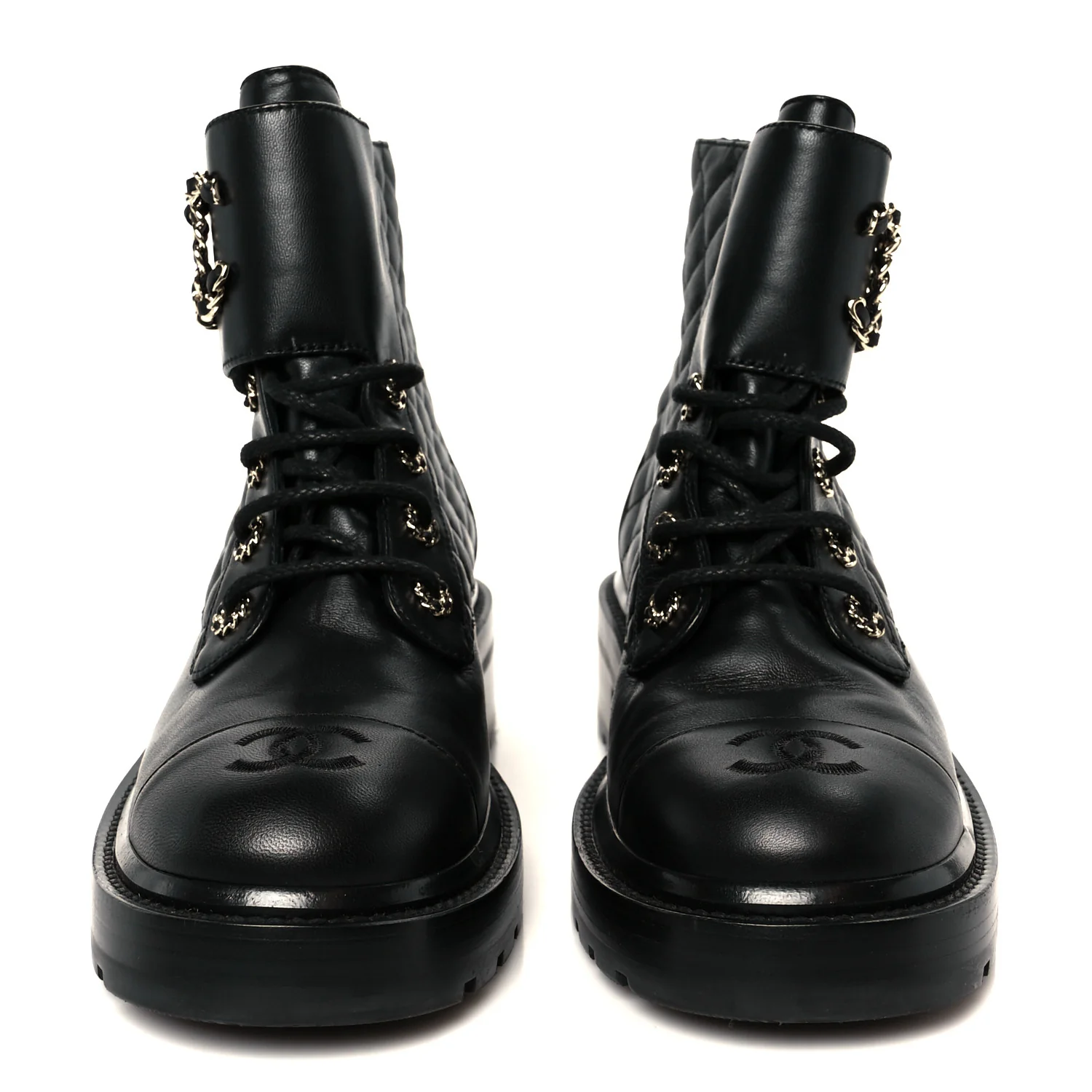 Shiny Lambskin Quilted Lace Up Combat Boots 39 Black