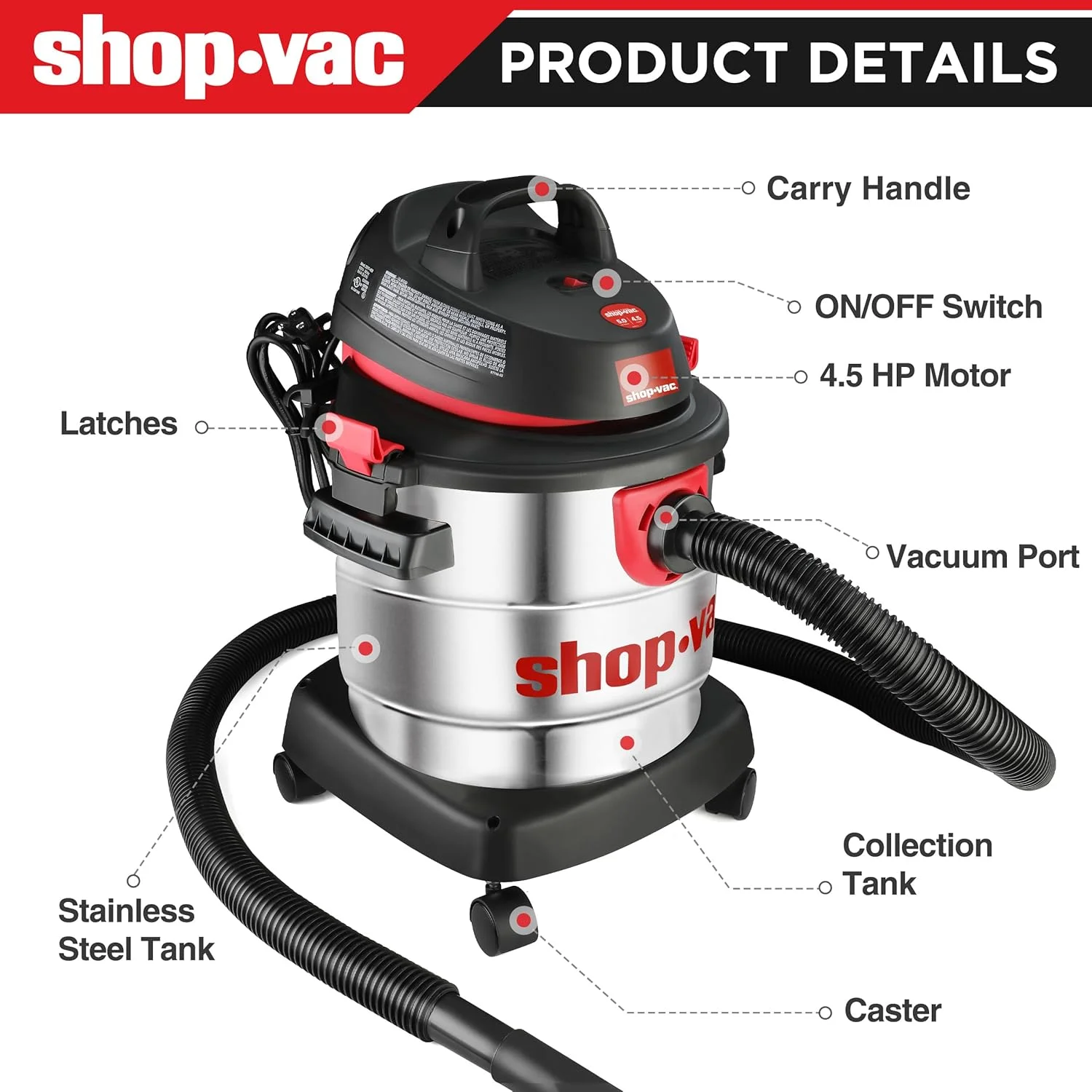 5989300, 5 Gallon, 4.5 HP Electric Corded Wet/Dry Vacuum Cleaner for Garage, Silver(None) - Image 3