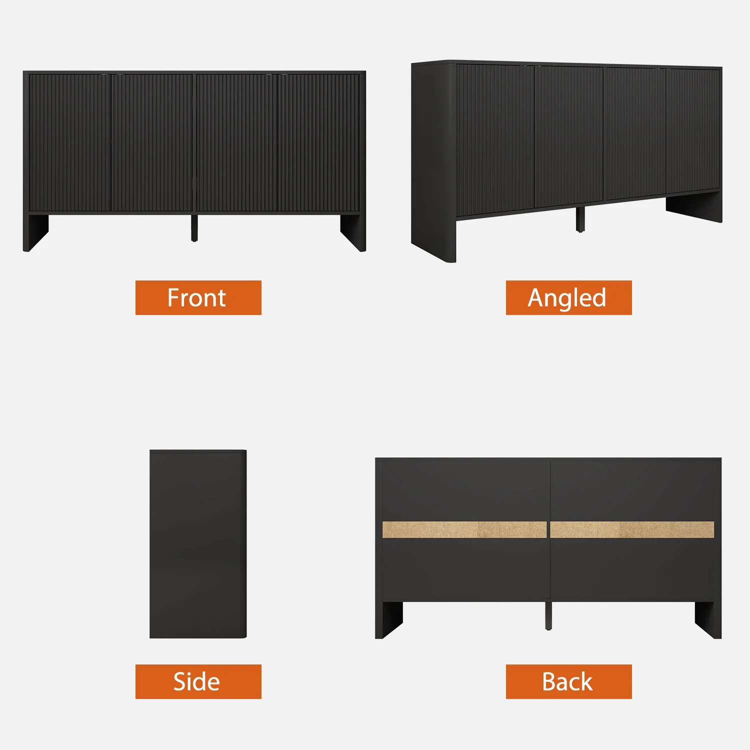 Sideboard Storage Cabinet with Doors and Shelves, Buffet Cabinet with Storage, Credenza Storage Cabinet for Kitchen, Wooden Fluted Cabinet, Under TV Cabinet with Storage Black(Black) - Image 4