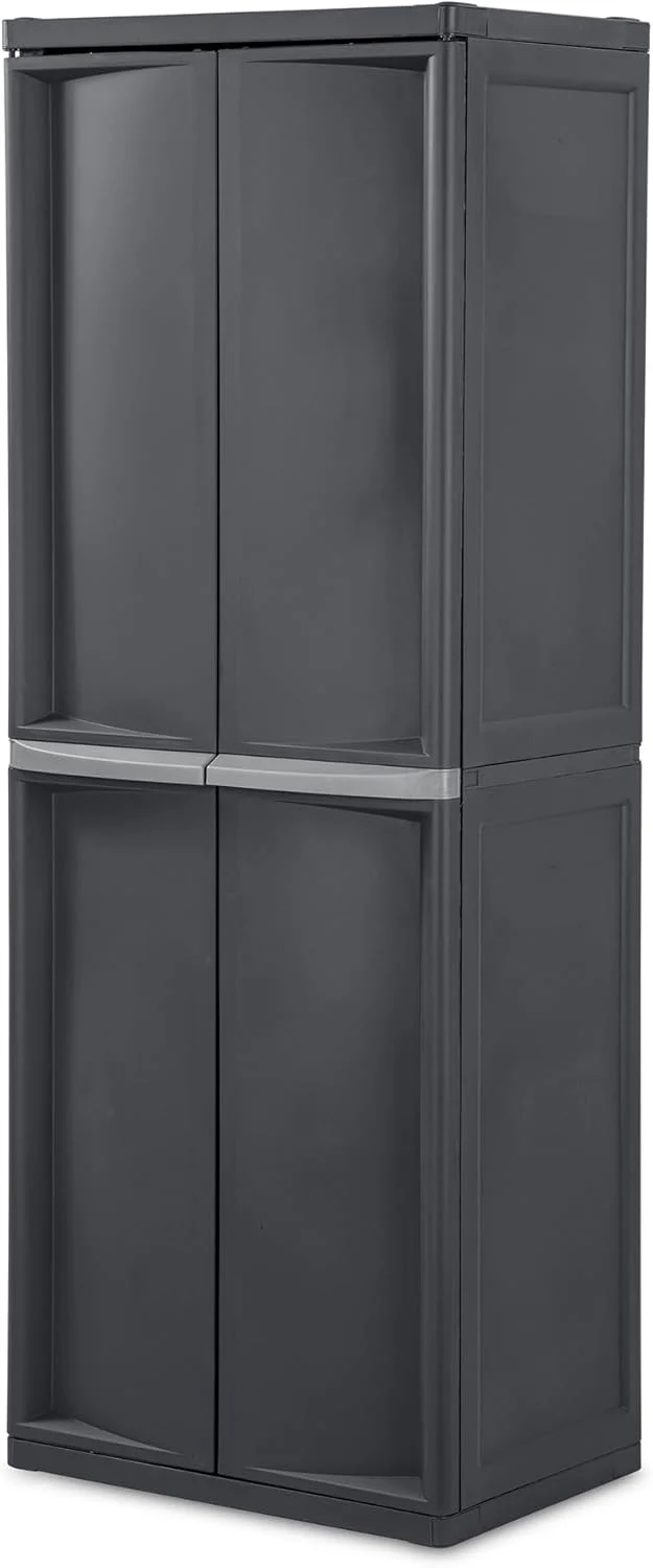 Storage Cabinet, Rugged Plastic Garage Organizer with Double Doors, 4 Adjustable Shelves, Gray