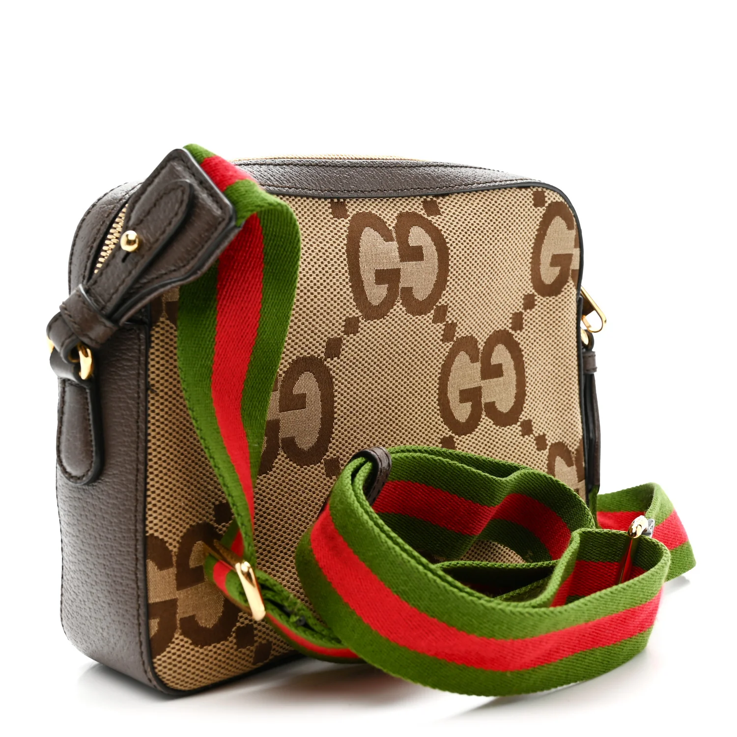 Monogram Jumbo GG Textured Dollar Calfskin Web Messenger Shoulder Bag Camel Ebony New Acero