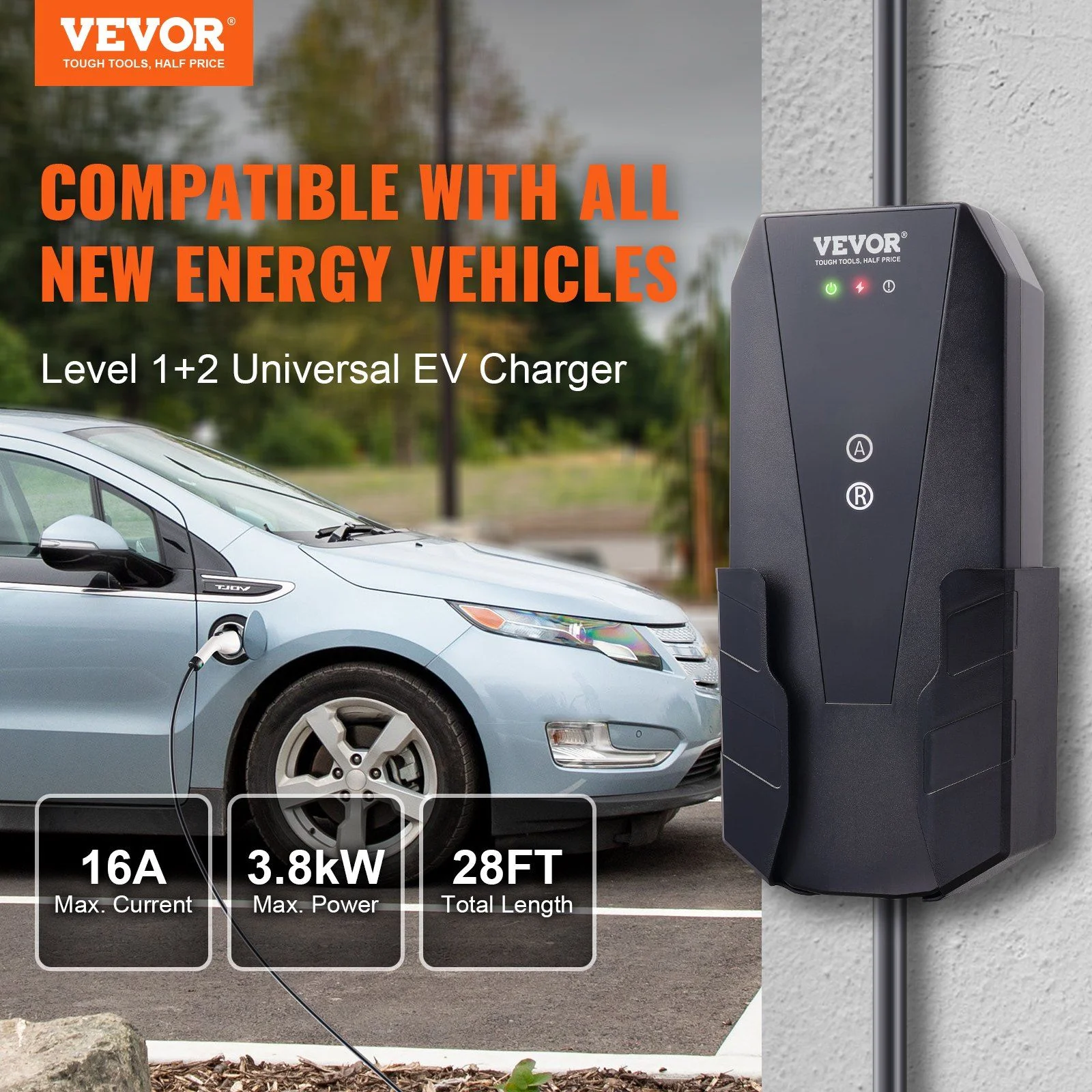 VEVOR Level 1+2 Portable EV Charger, 16 Amp 120V or 240V, Electric Vehicle Charger with 28 - Foot Charging Cable NEMA 6 - 20P Plug NEMA 5 - 15 Adapter, Plug - in Home EV Charging Station for SAE J1772 Evs