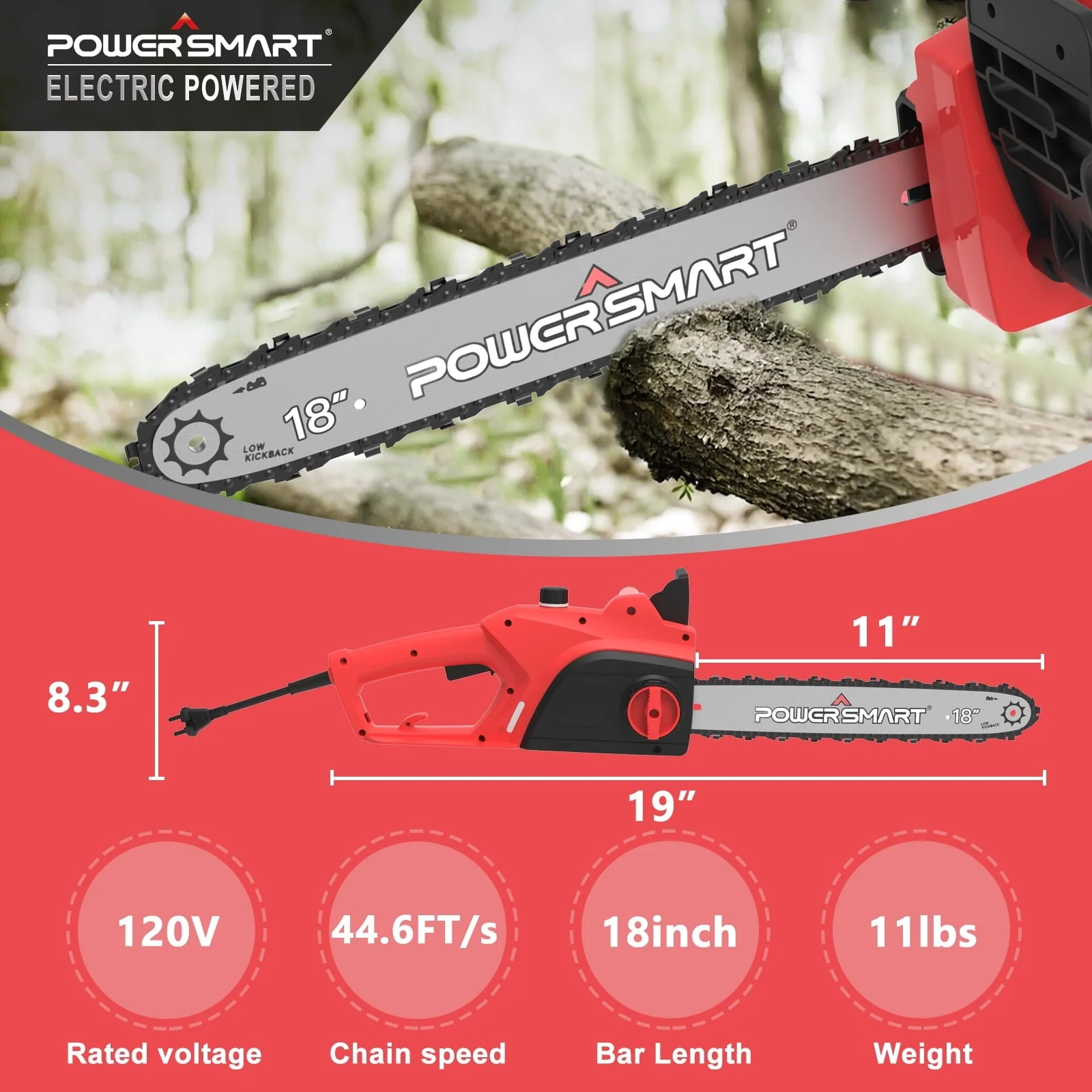 PowerSmart PS8218 18 inch Pruning Corded Electric Chainsaw, 120V 15Amp Power Chainsaw for Wood Cutting(15Amp) Image 4
