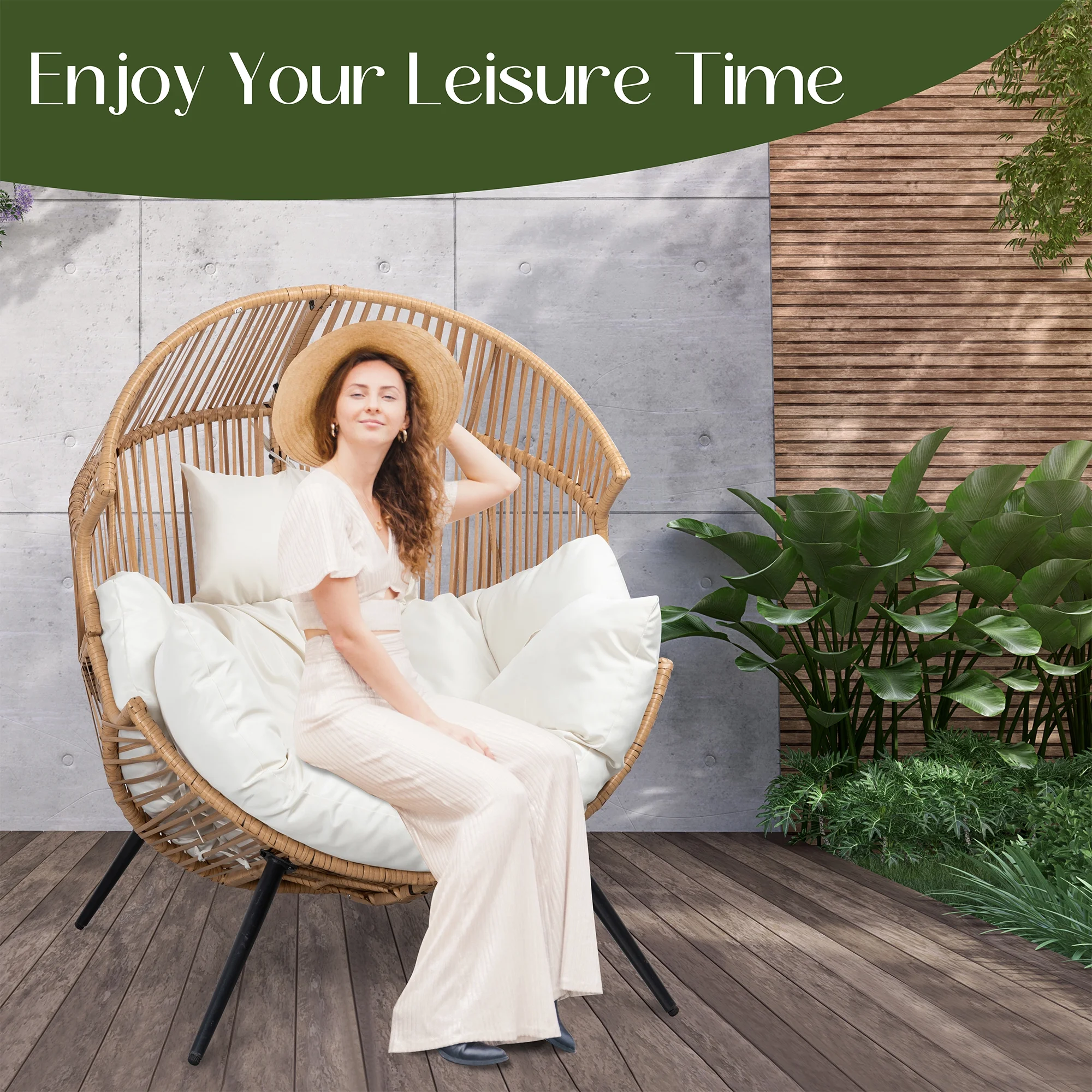 Egg Chairs Outdoor Patio Wicker Oversized Egg Shell Lounger Lawn Chair with Cushion for Indoor Outside Porch Balcony Backyard, Original Wood Color Rattan Beige Cushion(Wooden Color Rattan Beige Cushion/No-Rocking) - Image 7