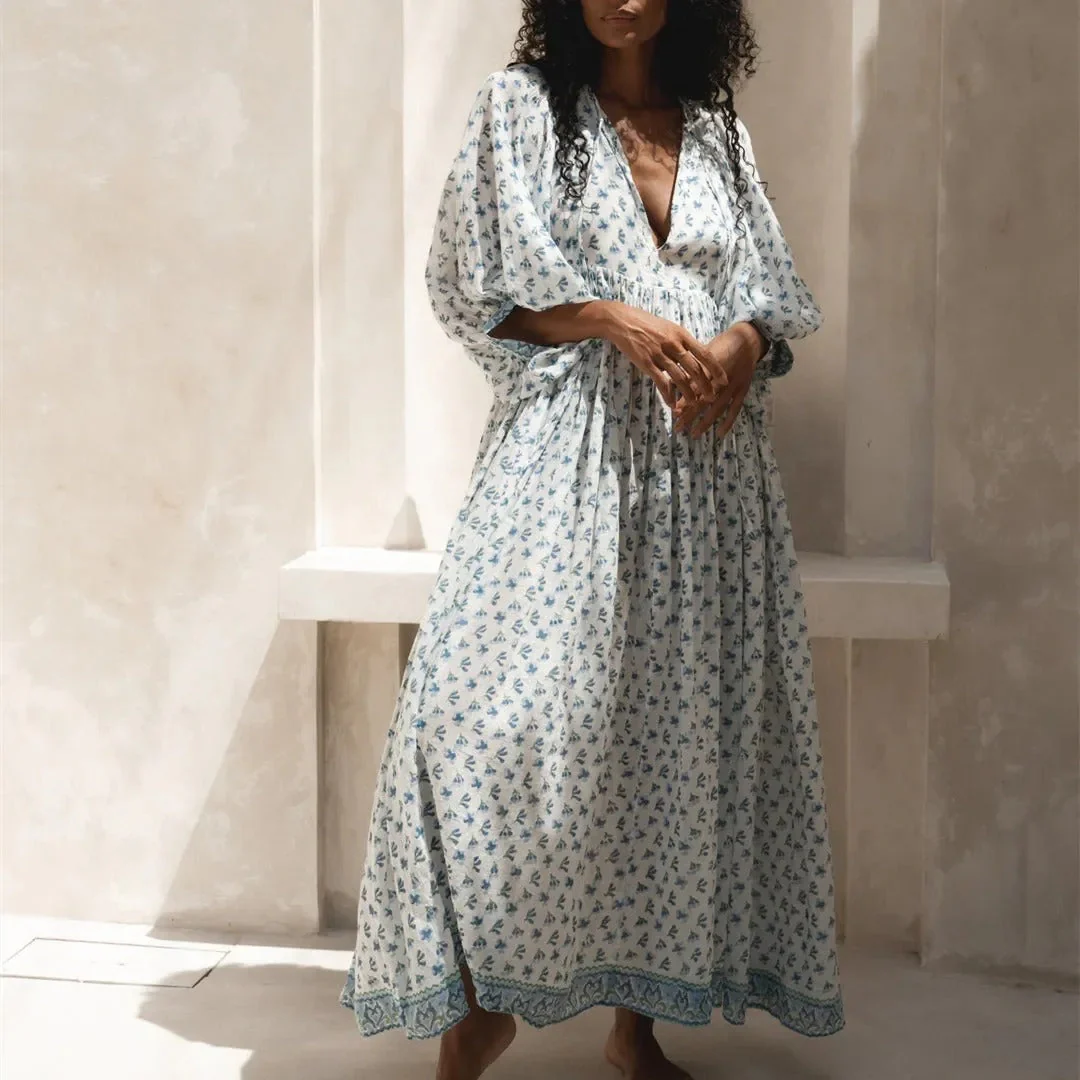 Robe Longue Bohème Femme à Manches Bouffantes - Idéale Été Élégante