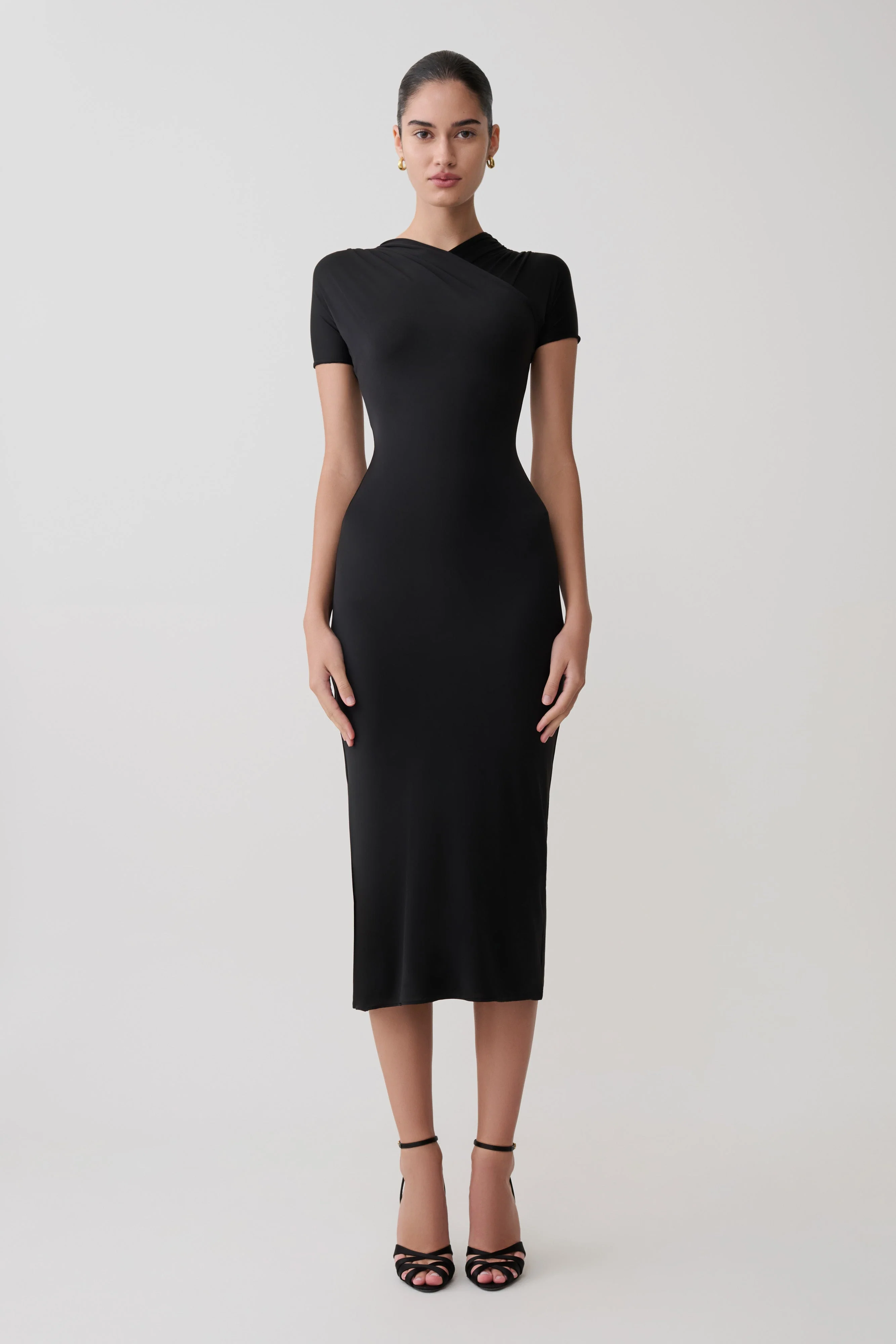 Junie Cross-Over Neck Slinky Maxi Dress - Black