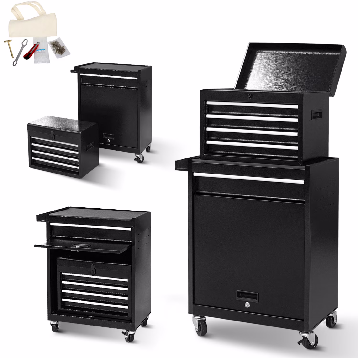 Rolling Tool Box, 5-Drawer Tool Chest On Wheels, Heavy Duty Garage Storage Cabinet with Top Box, 154pcs tools, Detachable Tool Organizer Lockable