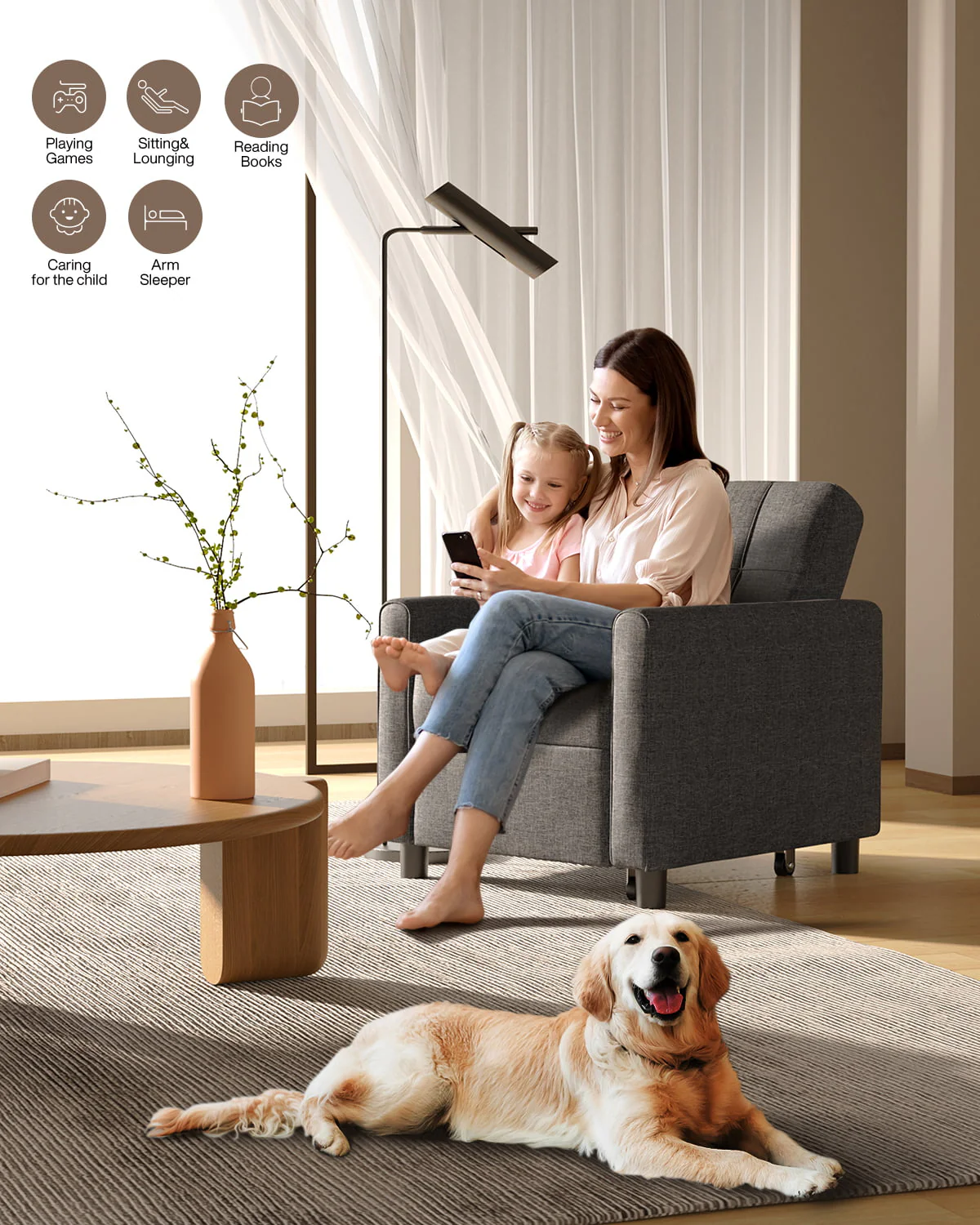 Lofka Chair Bed, Convertible Sofa Bed Couch Recliner Single Bed for Living Room/Office/Bedroom, Light Gray(Dark Gray) Image 9