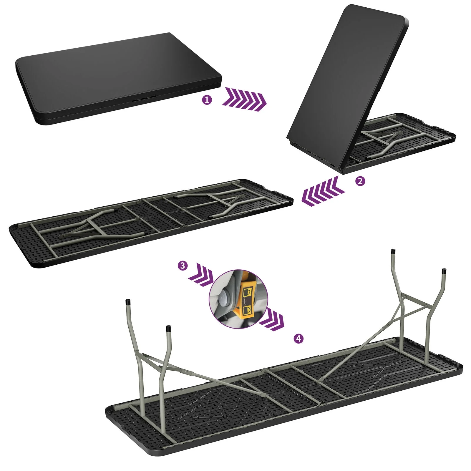 8ft Portable Outdoor Table, Folding Design for Easy Storage and Transport,Plastic Material,Perfect for Picnic, Party, Camp Dining,Also Suitable for Indoor Use, Sturdy and Spacious Tabletop Black(Black) Image 4