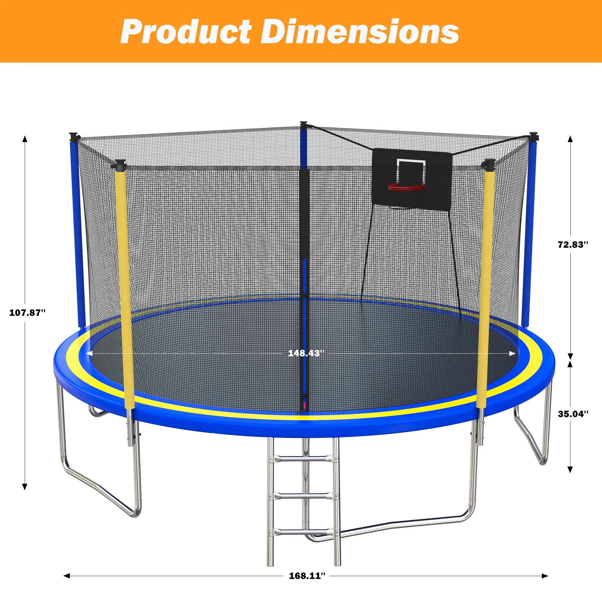 14FT Trampoline with Enclosure for Kids and Adults, Upgraded Kids Recreational Outdoor Trampoline with Basketball Hoop, Ladder, Heavy Duty Round Backyard Trampoline for Indoor Outdoor(Navy Blue+Yellow) - Image 2