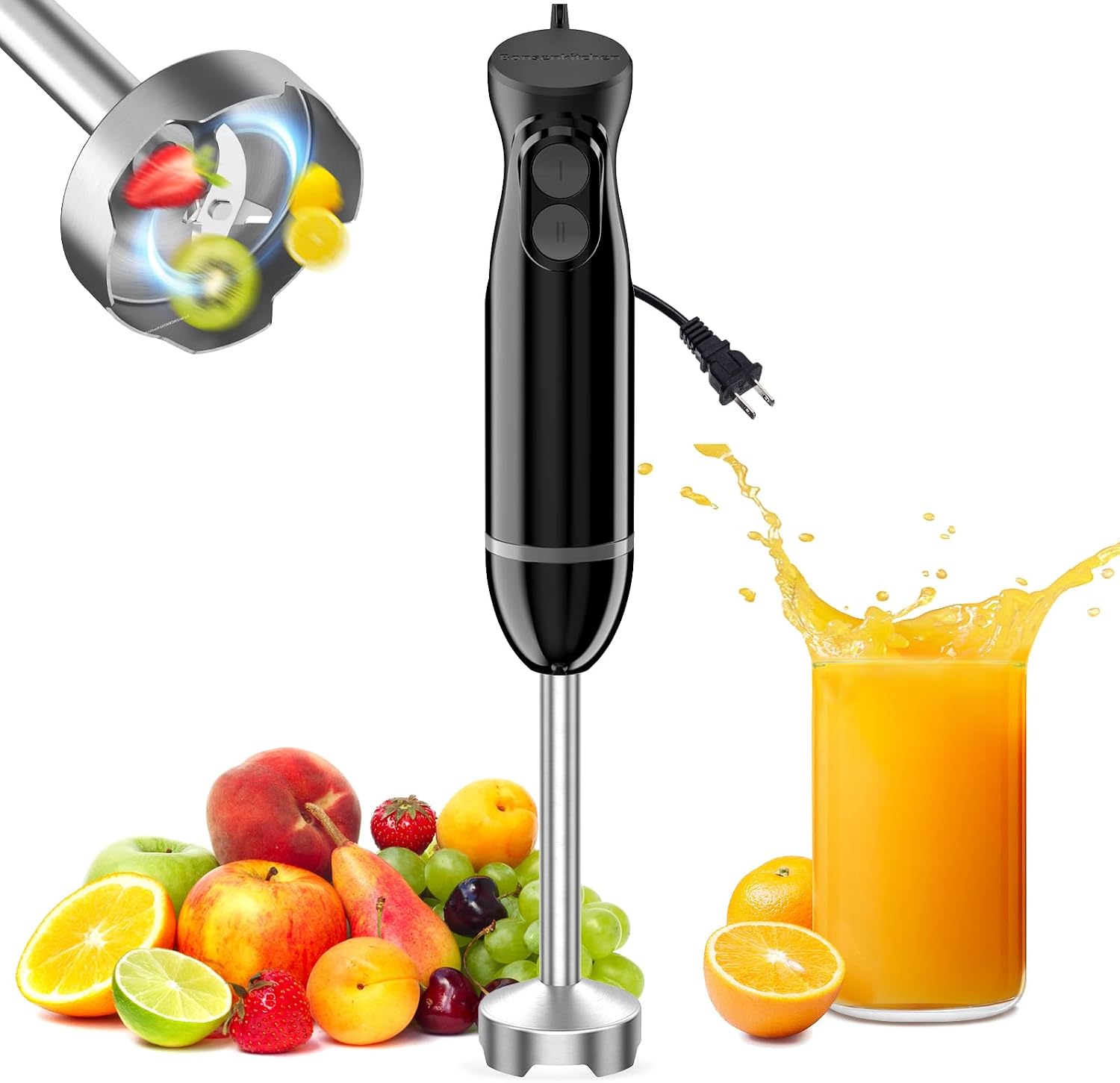 Bonsenkitchen Immersion Hand Blender, Smoothie, Puree, Baby Food| Electric Handheld Mixer Portable Stick Mixer with Stainless Steel Blades for Soup, Emulsion Blender with 2 Mixing Speeds