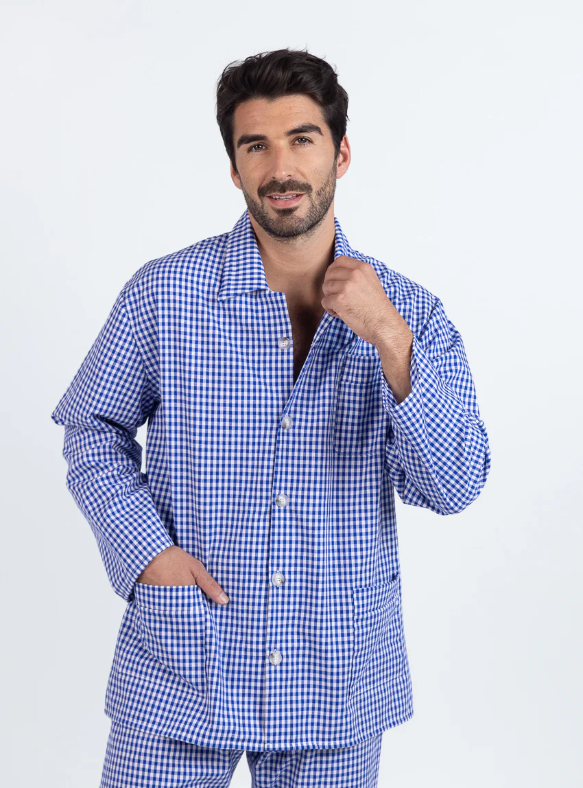 Pyjama homme en coton carreaux bleus