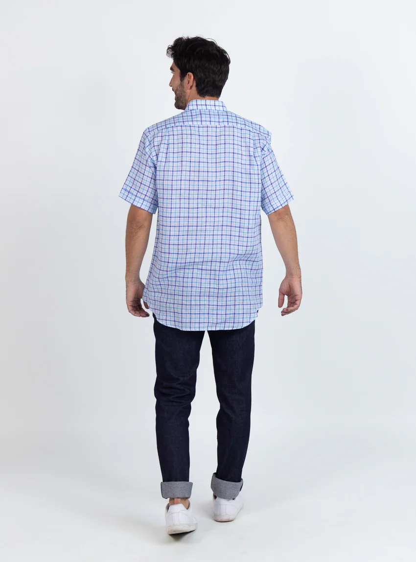 Chemise homme en lin carreaux bleus