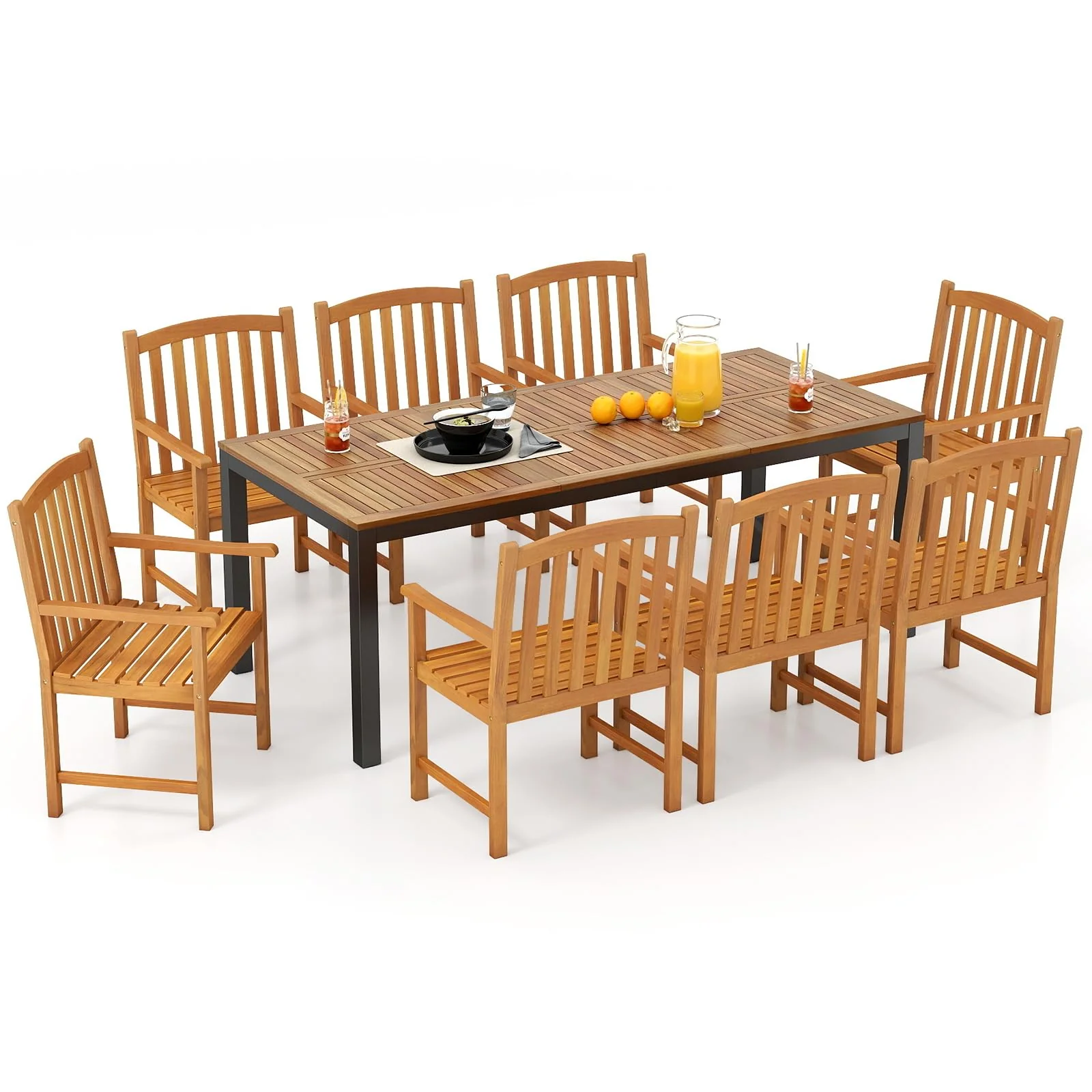 Tangkula Patio Rectangular Table with Umbrella Hole and 8 Solid Acacia Armchairs