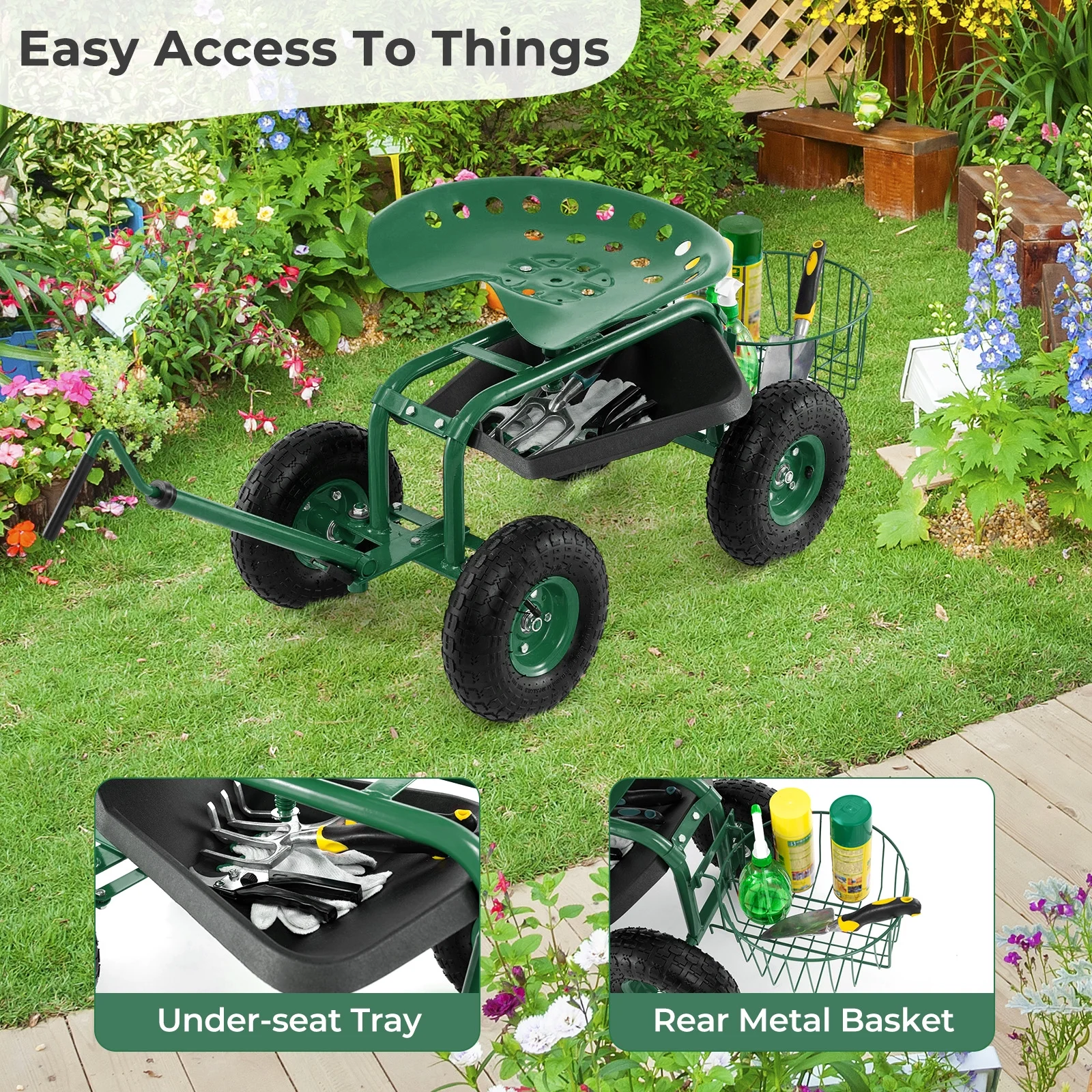 Garden Cart Rolling Work Seat for Planting with Extendable Handle Green(Green) - Image 7