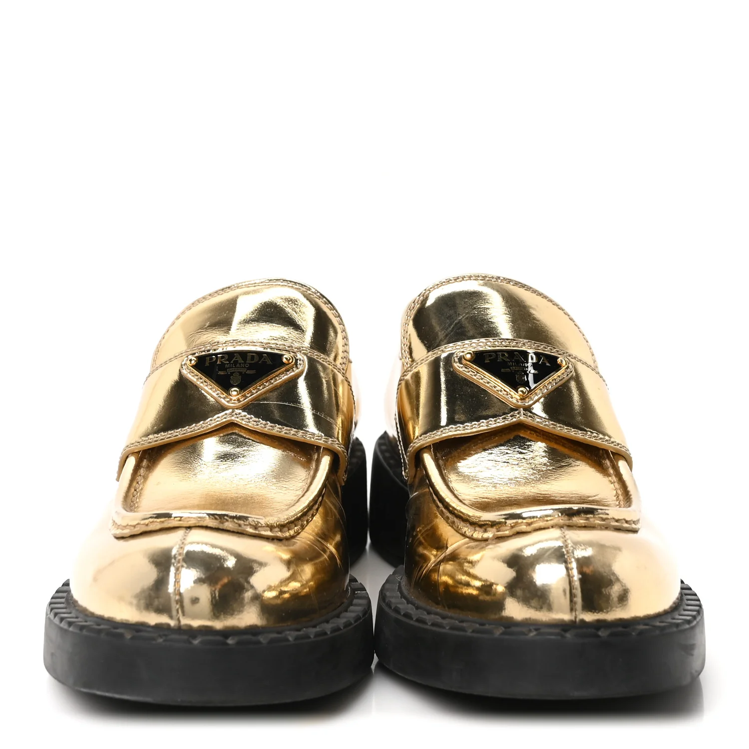 Metallic Brushed Calfskin Metal Triangle Logo 50mm Loafers 39.5 Platino