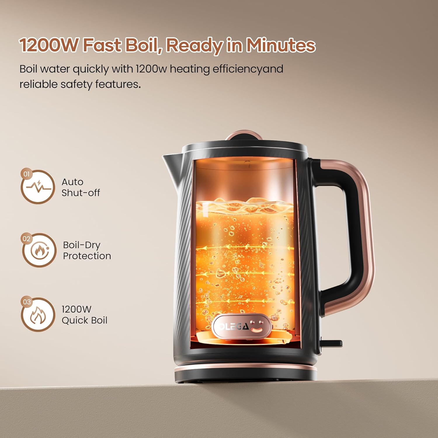 OLEGA Electric Tea Kettle: 1200W Fast Boil Electric Water Kettles 1.5L