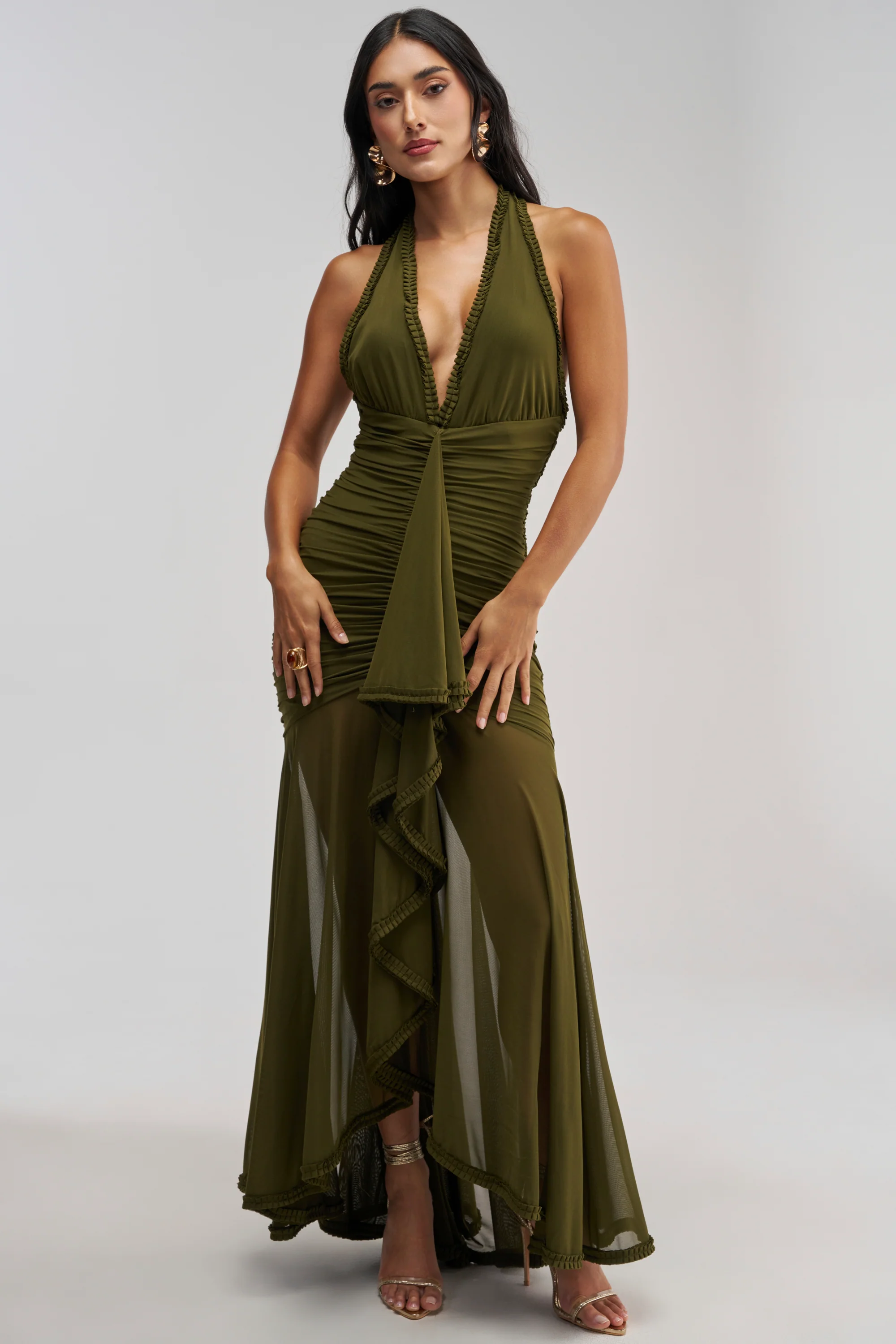 SWEET SUNSET MESH MAXI DRESS IN OLIVE - Akira Store
