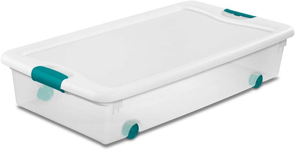 Sterilite 56 Qt Wheeled Latching Storage Box, Stackable Bin with Latch Lid, Plastic Container for Organizing Shoes Under the Bed, Clear with White Lid, 1-Pack
