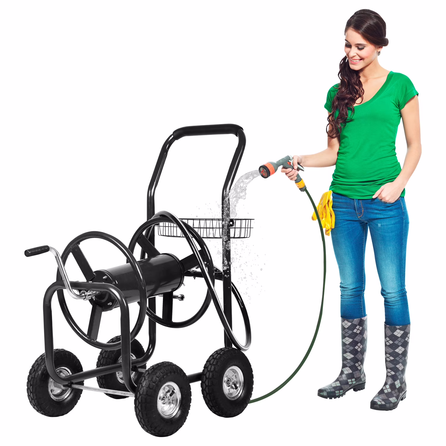Garden Hose Reel Cart with Wheels Heavy Duty Hose Reels Cart Water Hose Cart Holds 300-Feet of 5/8 Hose for Yard Water Planting Outdoor Garden Lawn Water Truck w/Storage Basket, Black