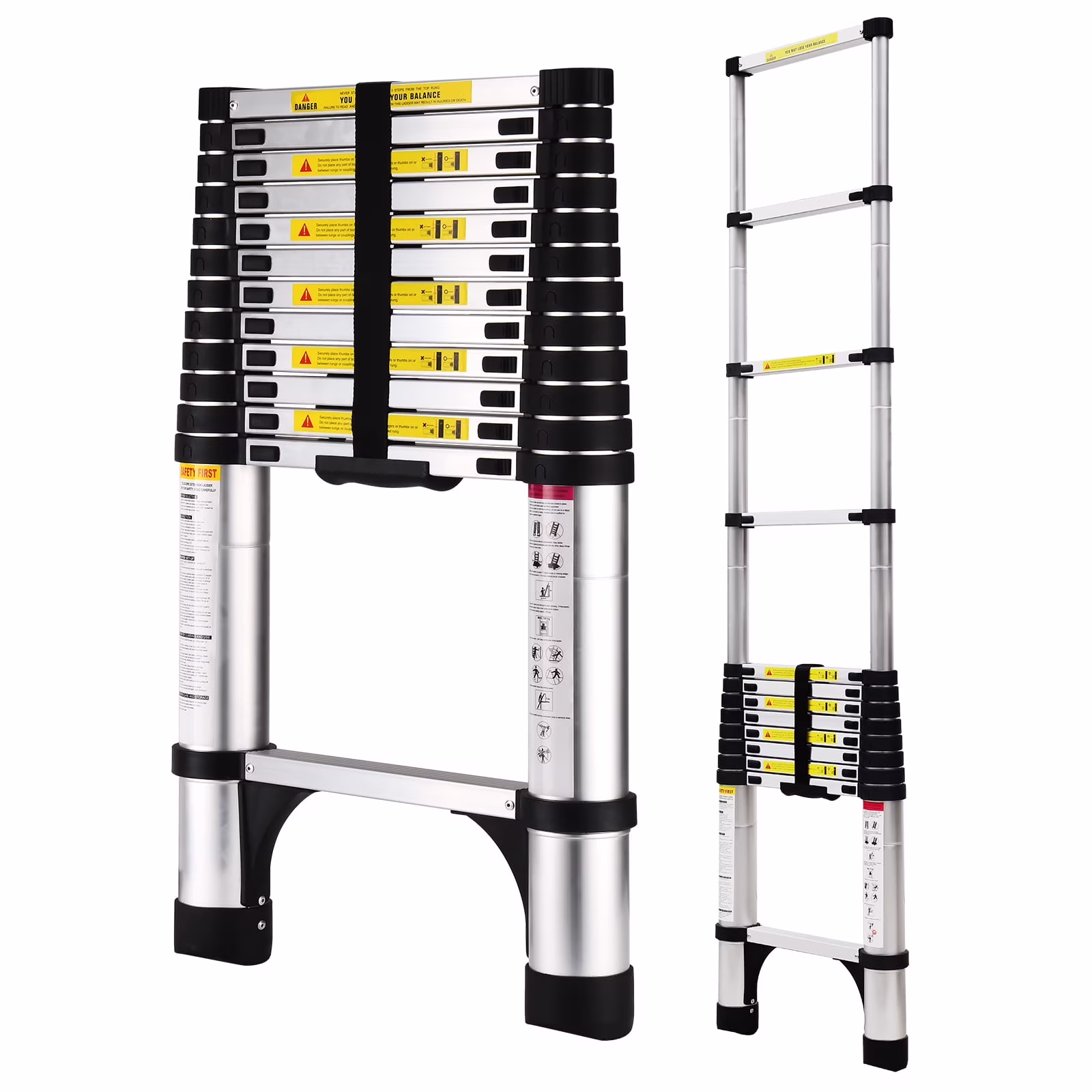 Hbtower 12.5 FT Telescoping Ladder, Aluminum Lightweight Extension Ladder with 2 Triangle Stabilizers, Heavy Duty 330 lb Max Capacity, Multi - Purpose Collapsible Ladder for RV or Outdoor Work
