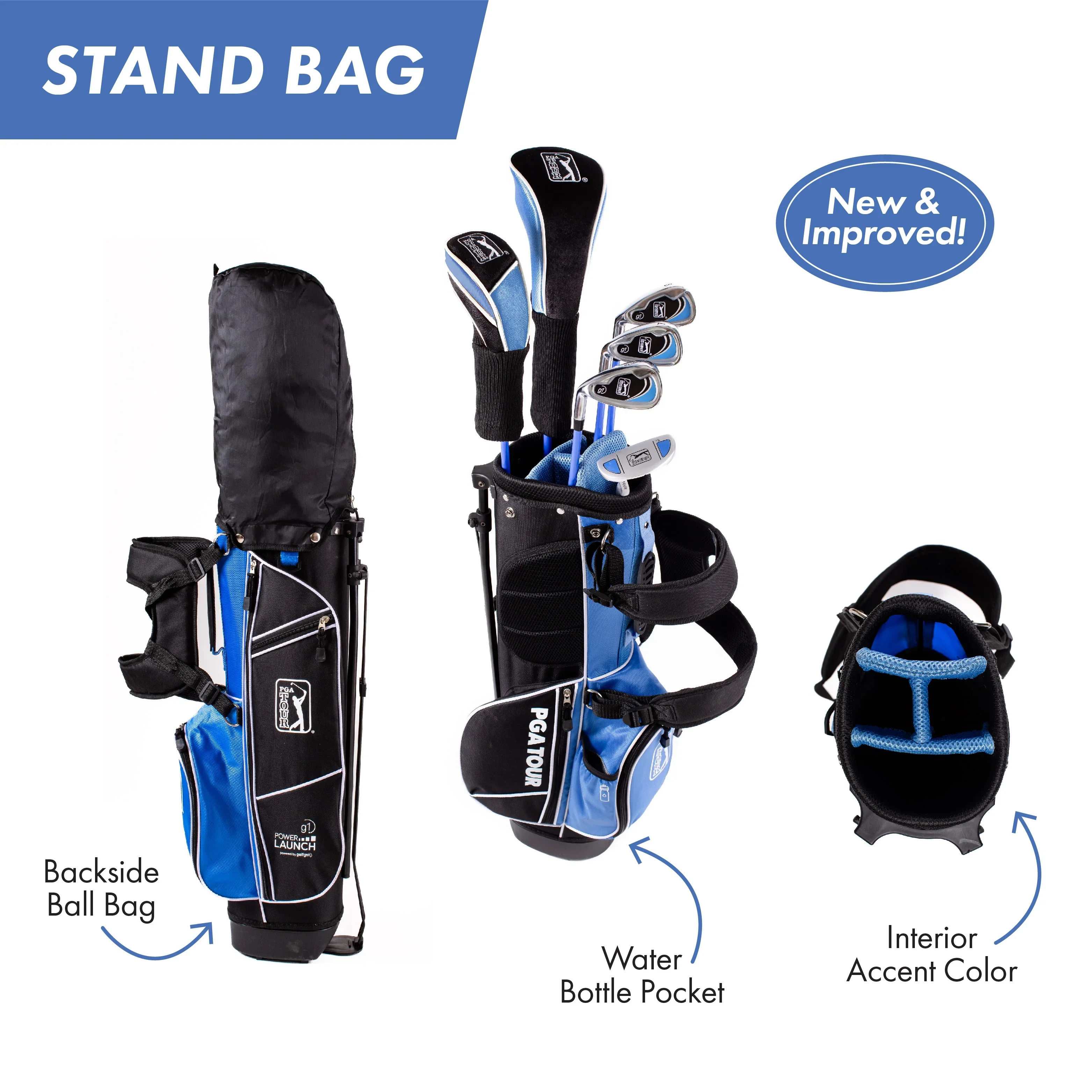 PGA Tour Right-Handed 10 Piece Kids Golf Club Stand Bag Set; Player Height 4'8 - 5'2, Ages 8-12