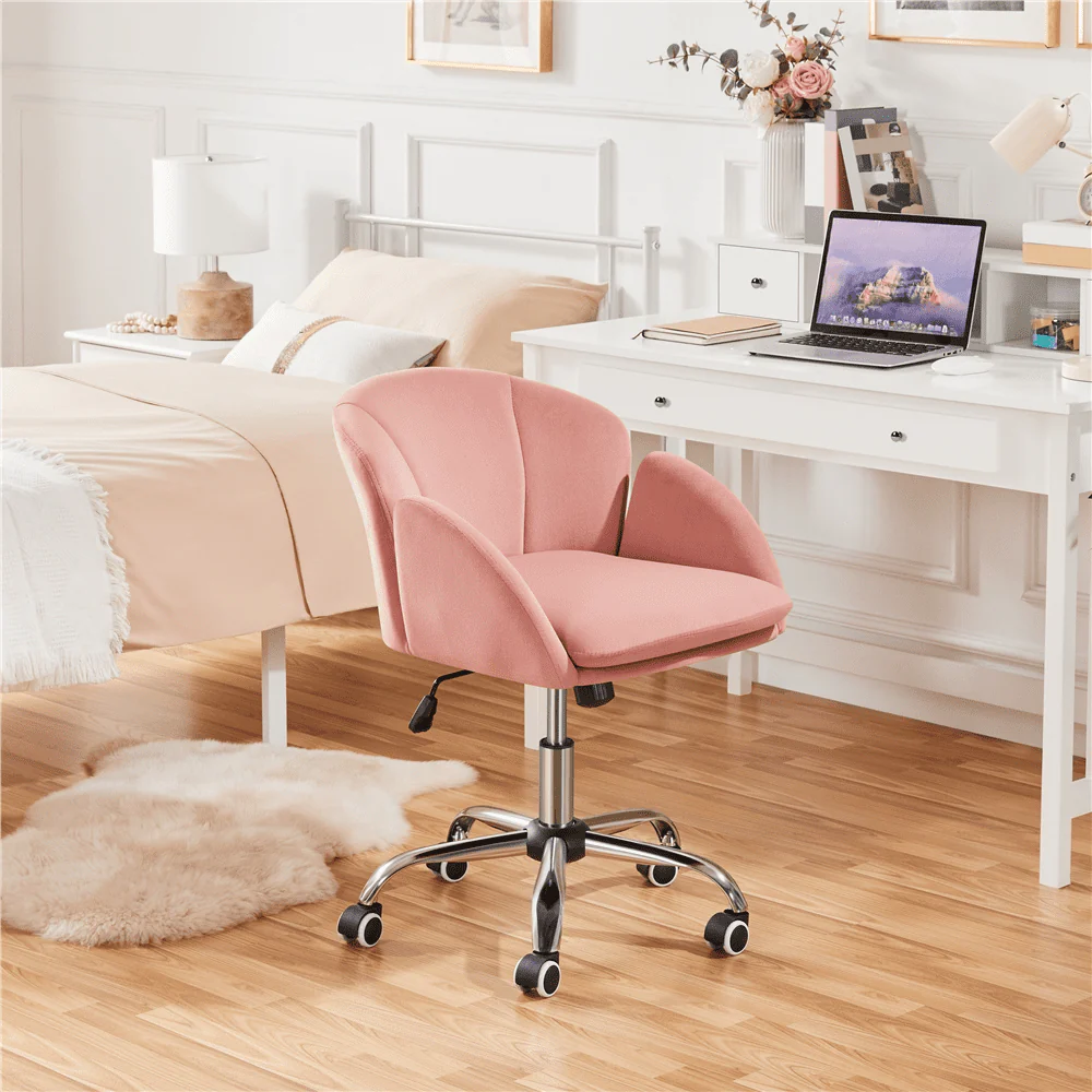 Yaheetech Modern Vanity Chair Swivel Rolling Chair with Armrests, Pink(1/Black) Image 8