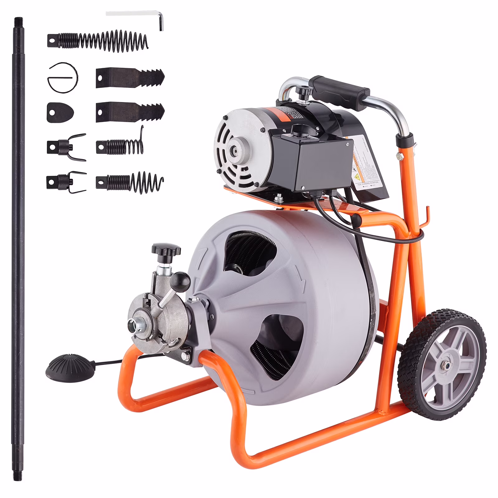 Sewer Snake Auger, 100FT x 3/8 Inch with Auto Feed, Mounted on Wheels, Includes 8 Cutters Foot-operated Air Switch, Ideal for Clearing 2"-4" Pipes