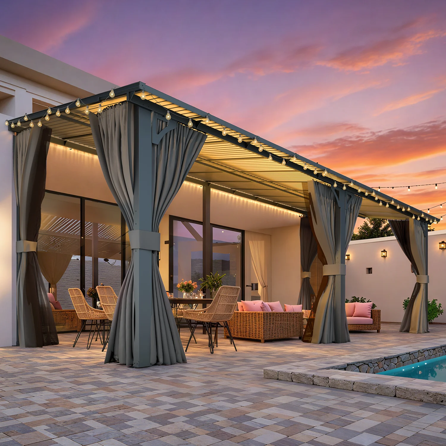 AECOJOY 20'x8' Wall Gazebo with Curtains and Mosquito Netting, Gray