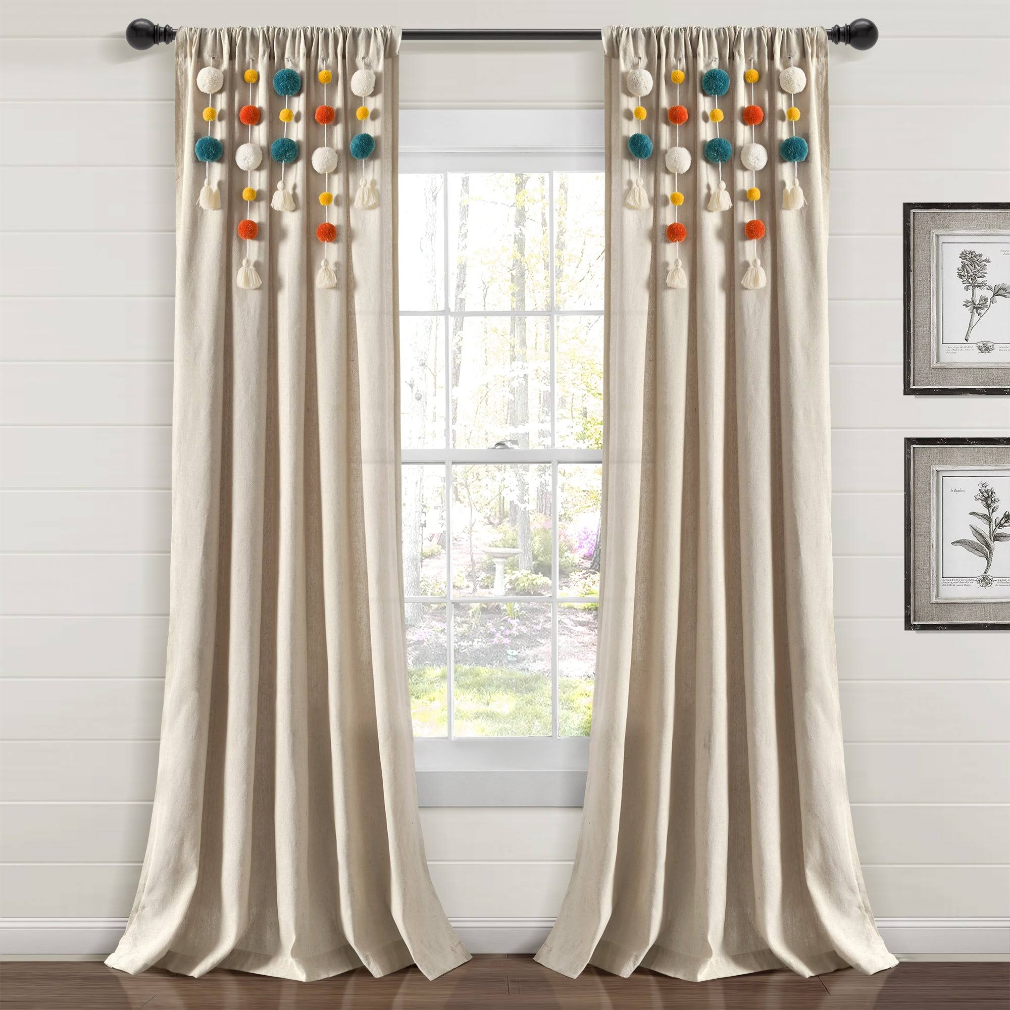 Lush Decor Boho Pom Pom Tassel Linen Window Curtain Panel Turquoise/Orange Single 52x84