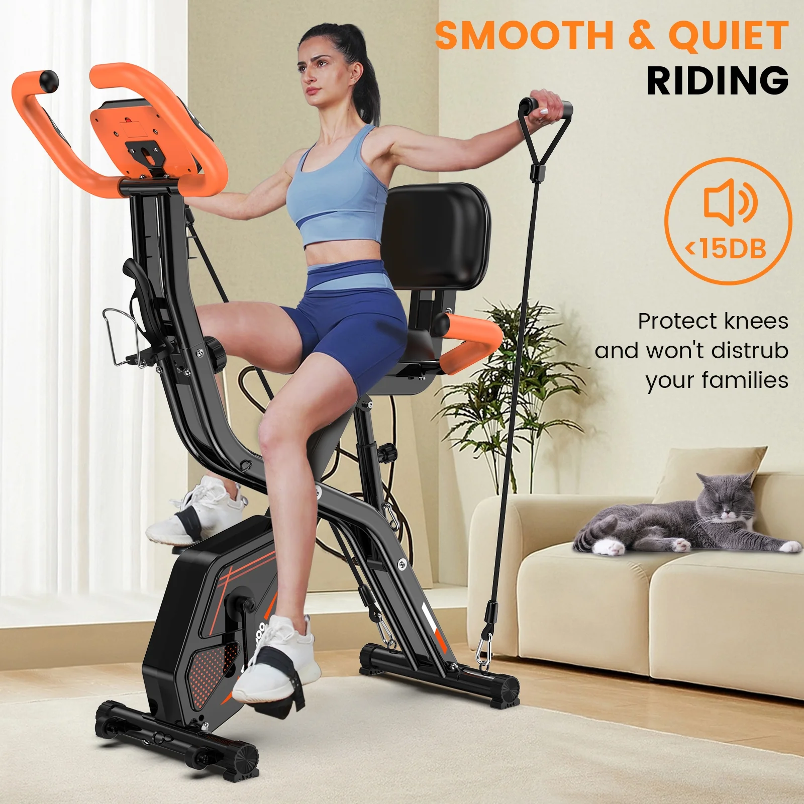 4-in-1 Exercise Bike, Foldable Stationary Bike, Tri-Position Indoor Cycling Bike with 8-Level Resistance, Arm Resistance Bands, Pulse Sensor Back Support Cushion for Home Gym Workout - Image 4