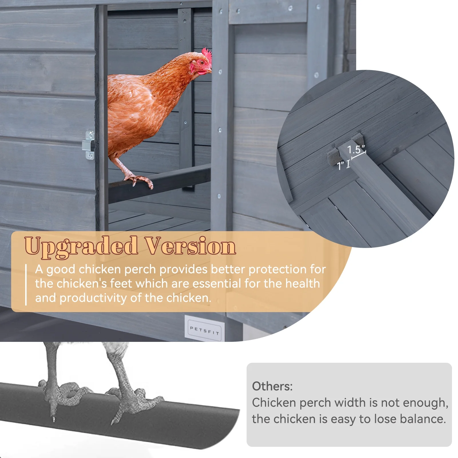 Large Chicken Coop with Upgraded Perches, Weatherproof Hen House with Two Large Nesting Box,Poultry Cage,3-5 chicken, Grey(Gray) - Image 9